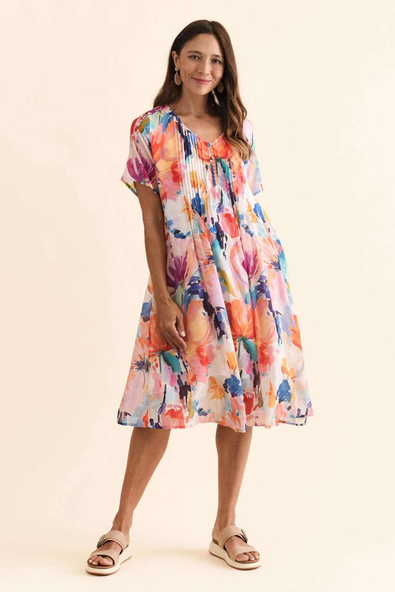 Debbie Orange Floral Pleated Dress - Image 6