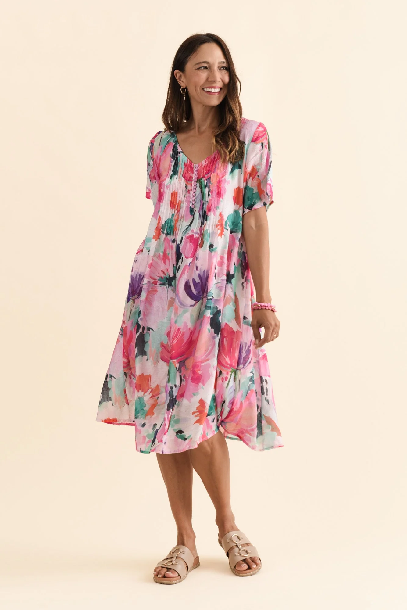 Debbie Pink Floral Pleated Dress - Image 3
