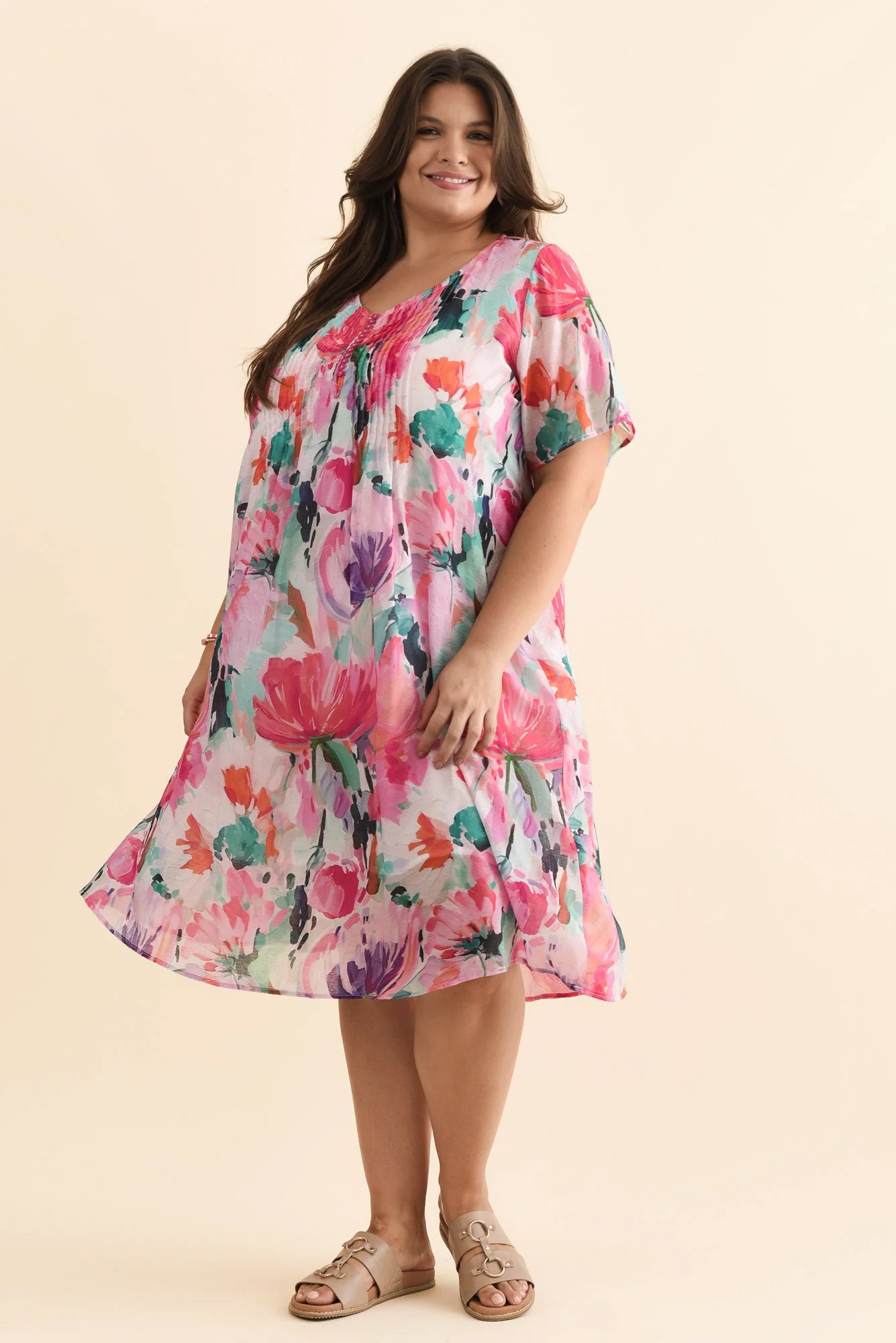 Debbie Pink Floral Pleated Dress - Image 8