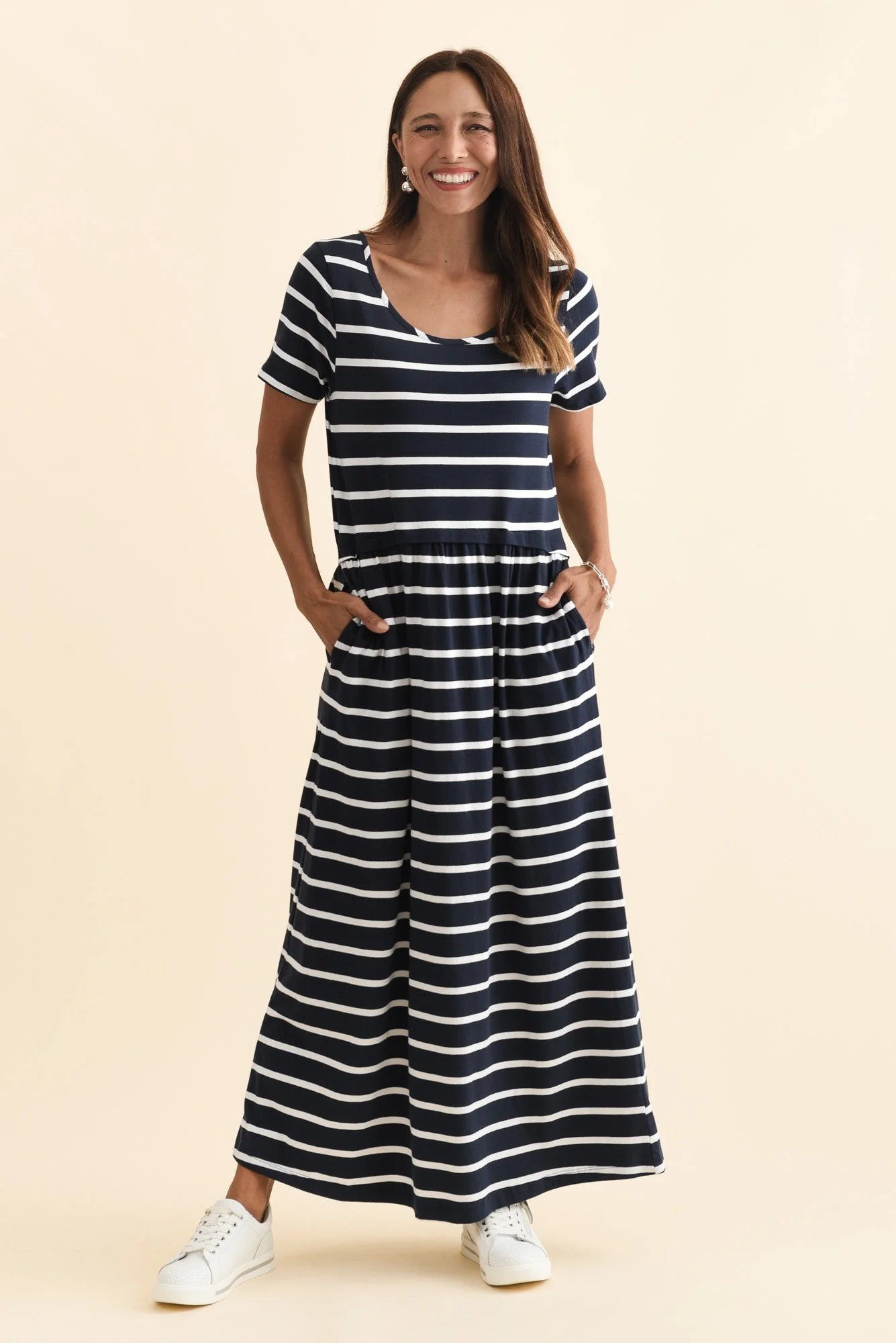 Deidra Navy Stripe Cotton Pocket Dress - Image 2