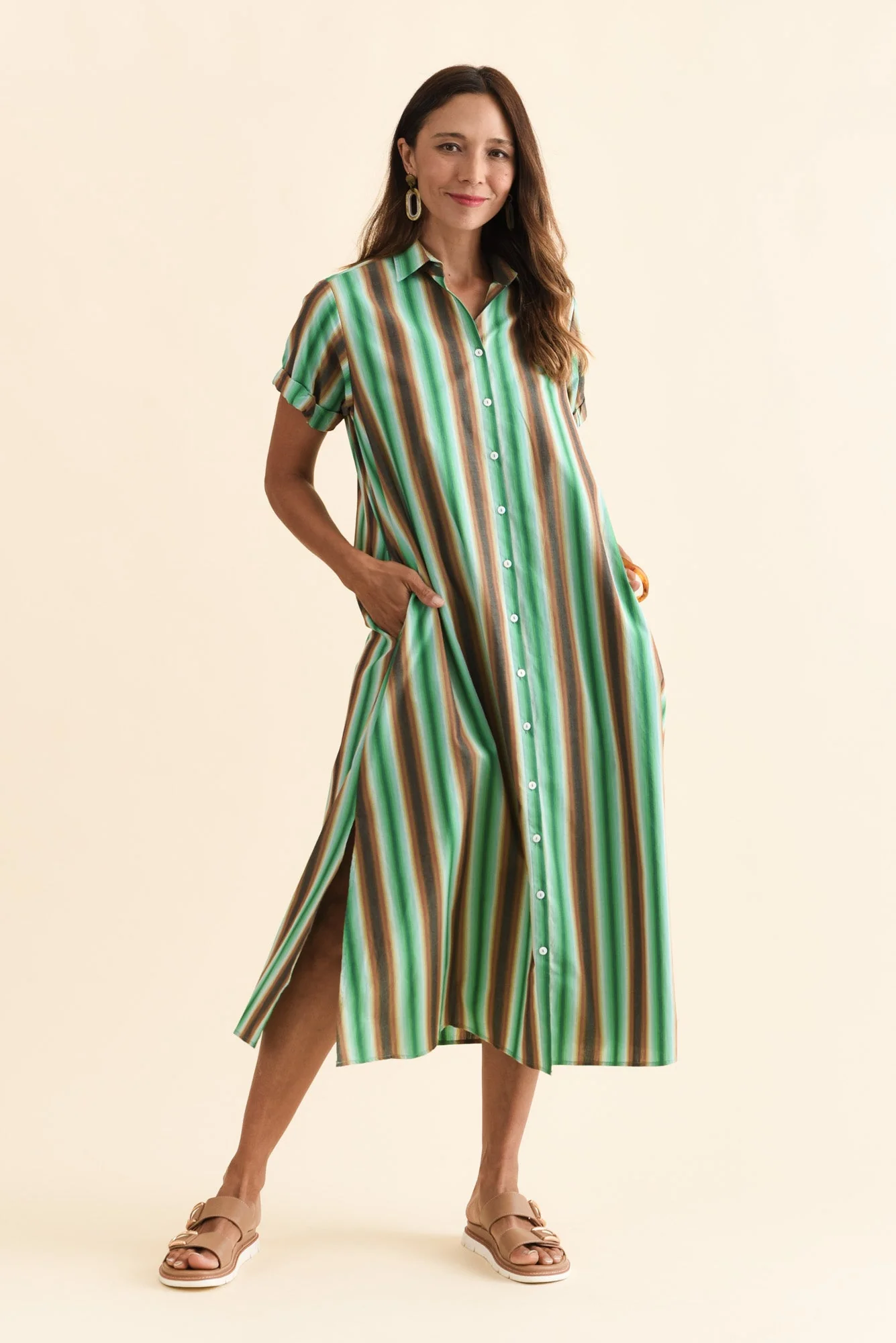 Deirdre Green Stripe Cotton Tie Dress - Image 2