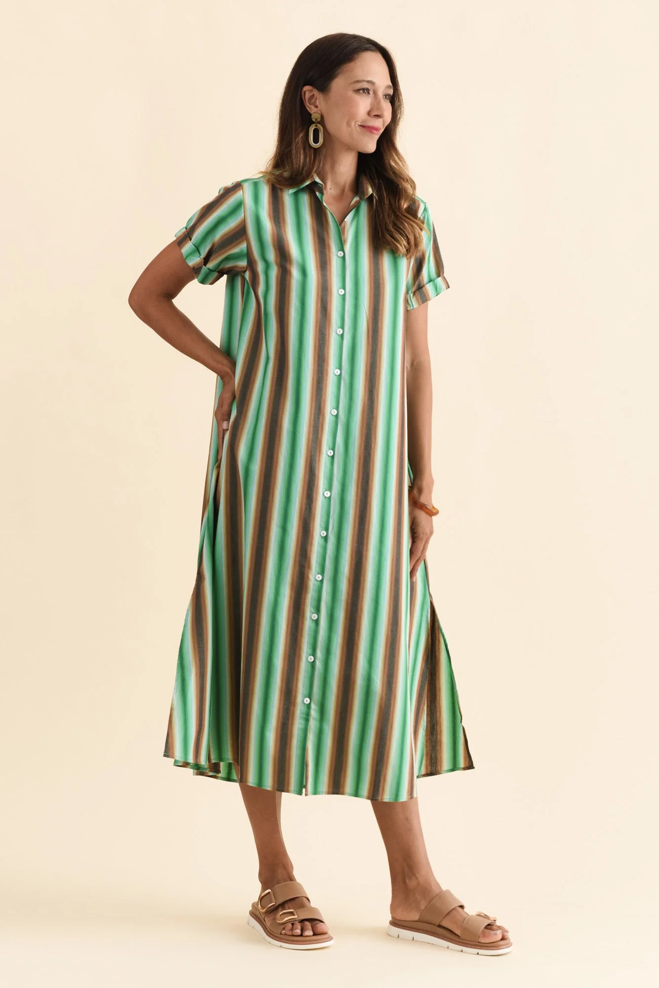 Deirdre Green Stripe Cotton Tie Dress - Image 3