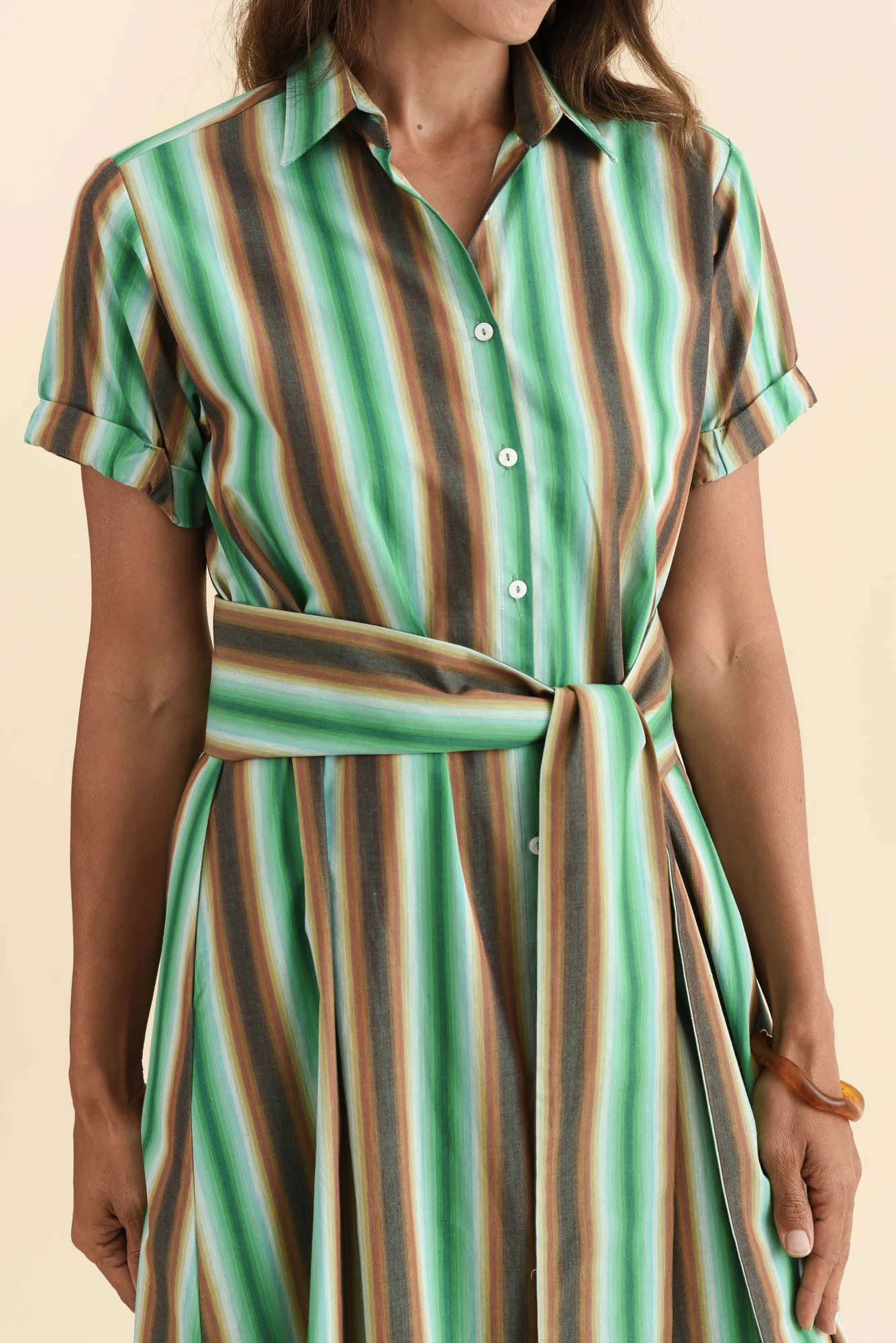 Deirdre Green Stripe Cotton Tie Dress - Image 5