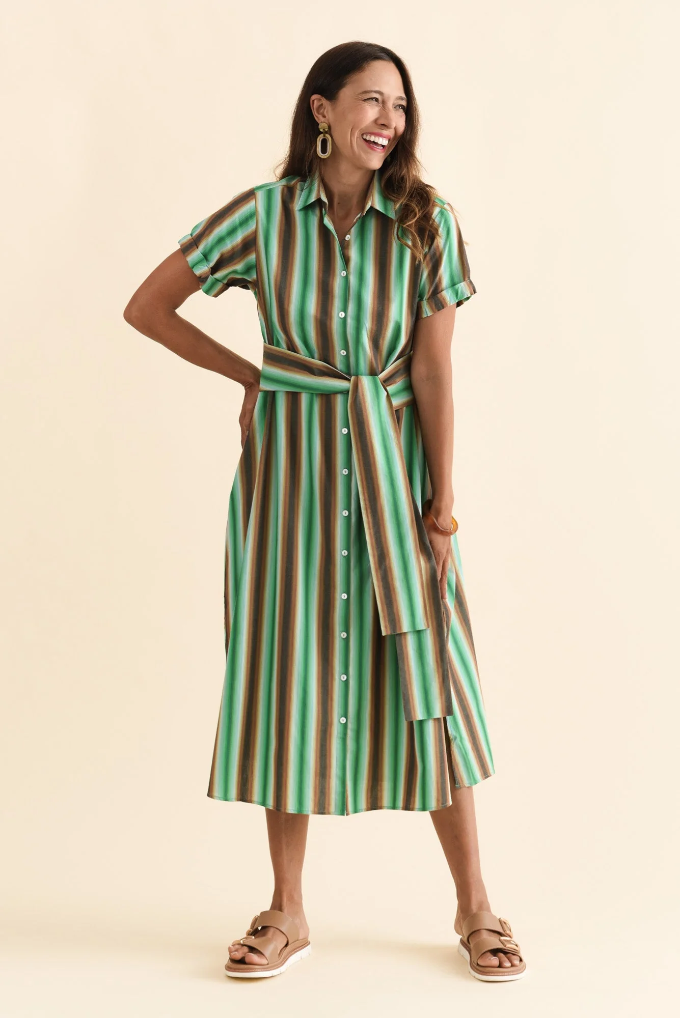 Deirdre Green Stripe Cotton Tie Dress - Image 6