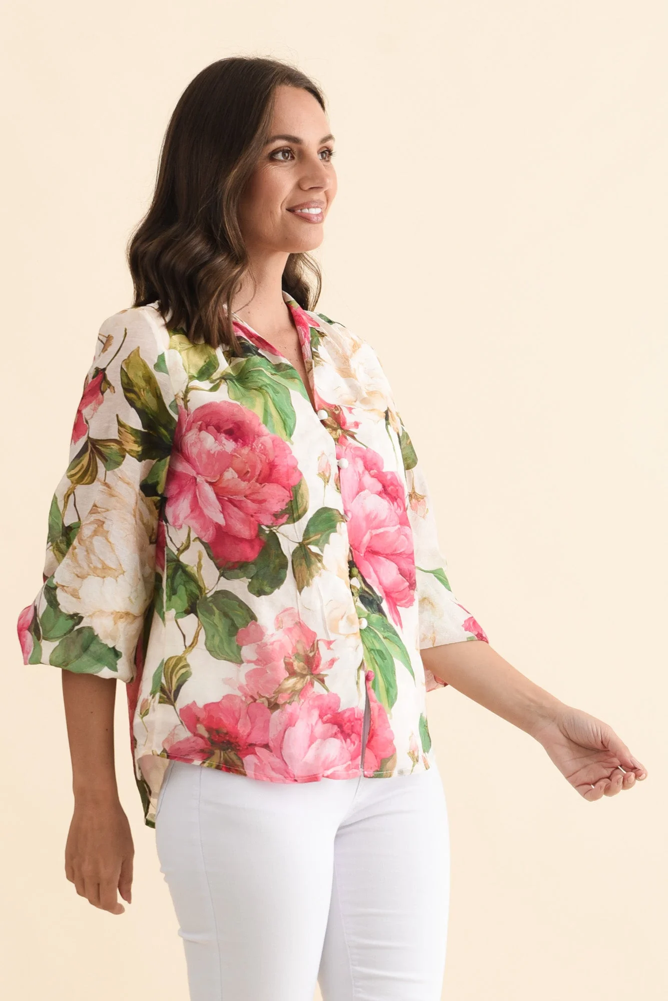 Delaney Cream Botanical Puff Sleeve Blouse - Image 3