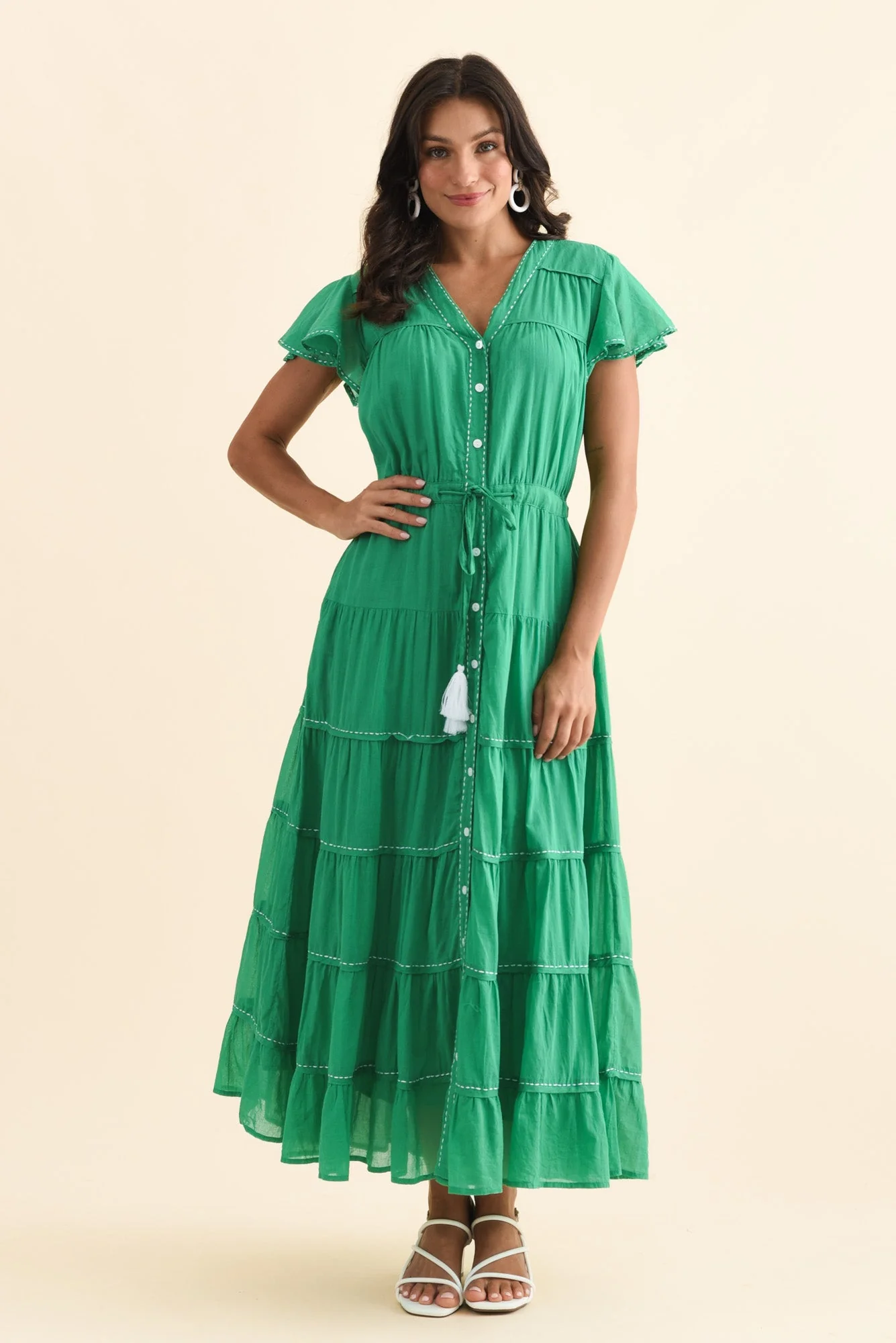 Delilah Green Cotton Tier Dress - Image 2