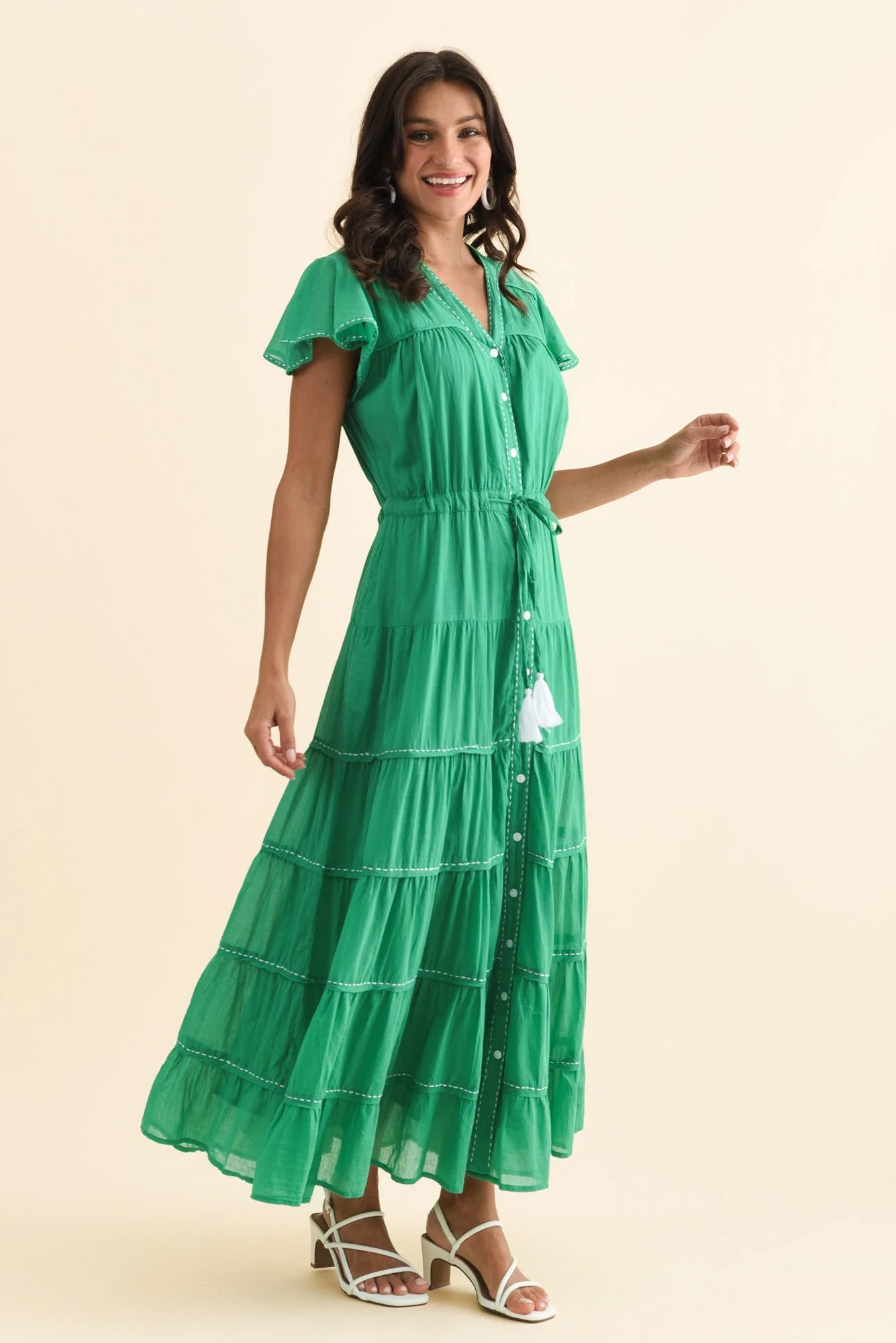 Delilah Green Cotton Tier Dress - Image 3