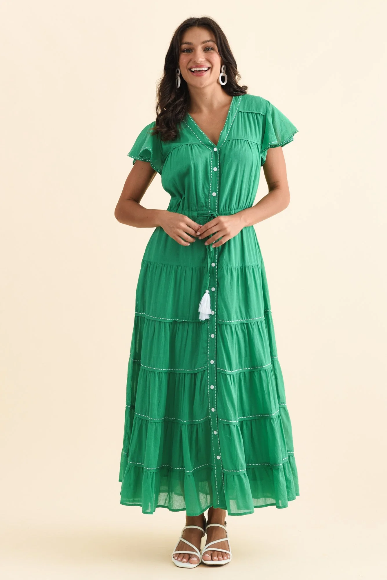 Delilah Green Cotton Tier Dress - Image 6