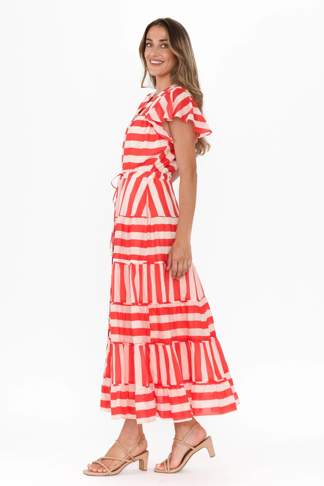 Delilah Red Stripe Cotton Tiered Dress - Image 4
