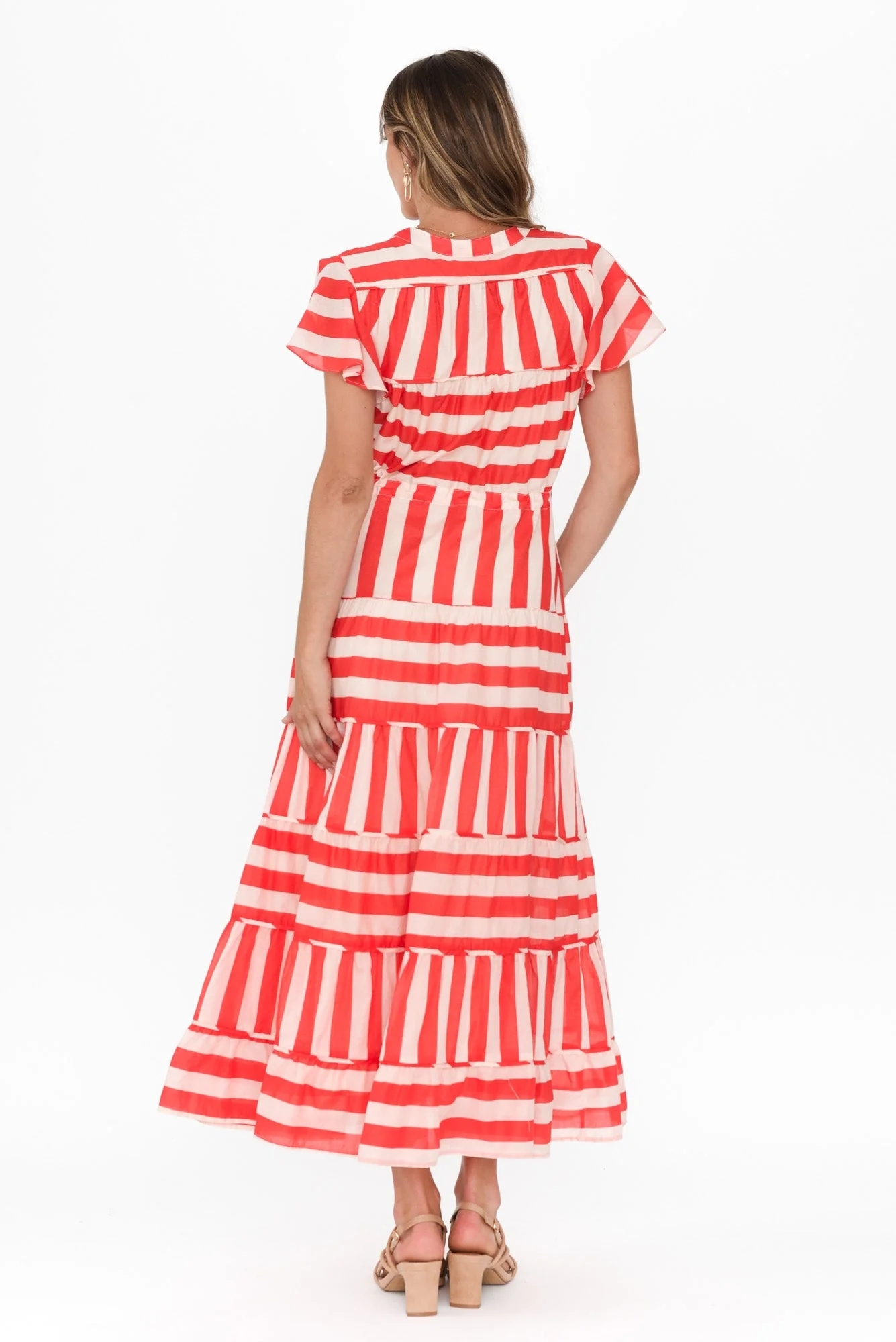 Delilah Red Stripe Cotton Tiered Dress - Image 5