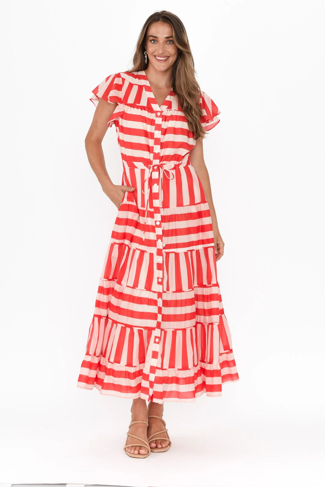 Delilah Red Stripe Cotton Tiered Dress - Image 7