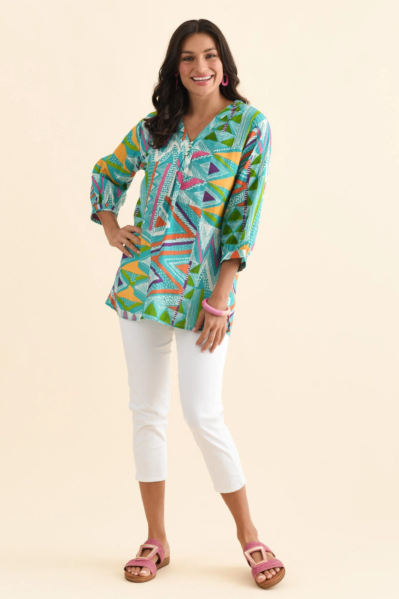 Derine Aqua Abstract Cotton Button Top - Image 2