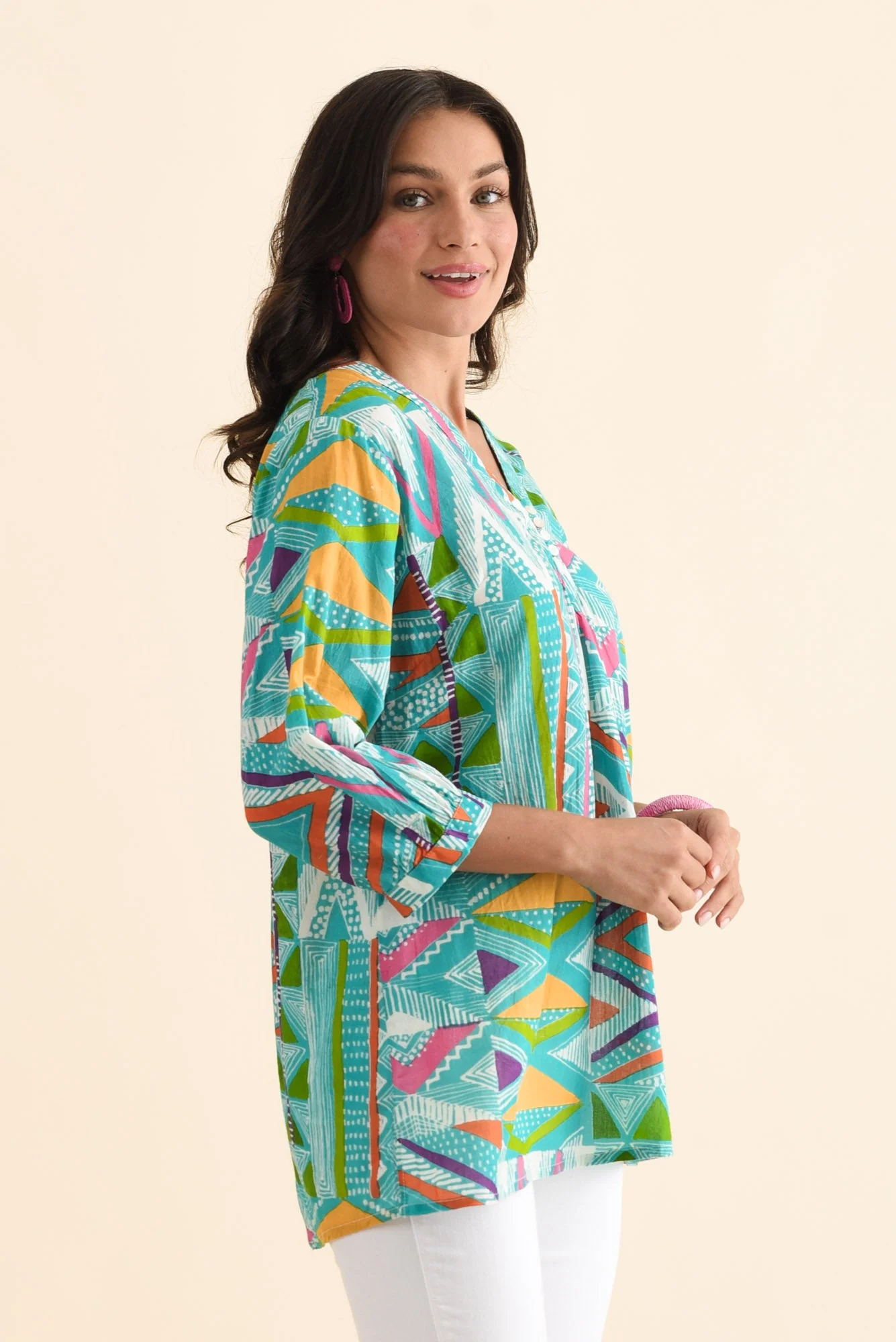 Derine Aqua Abstract Cotton Button Top - Image 3