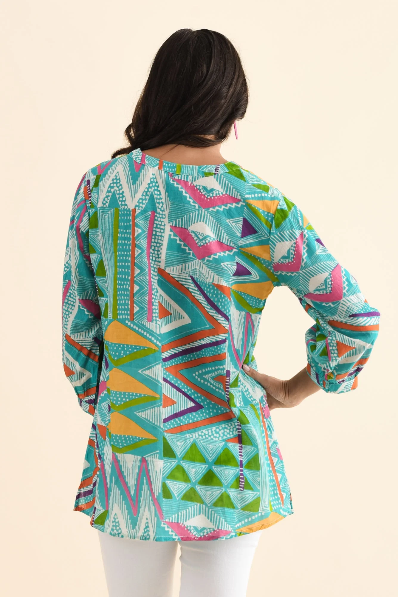 Derine Aqua Abstract Cotton Button Top - Image 4