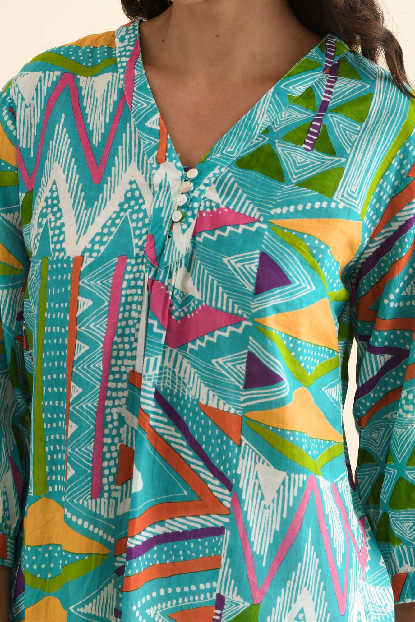 Derine Aqua Abstract Cotton Button Top - Image 5