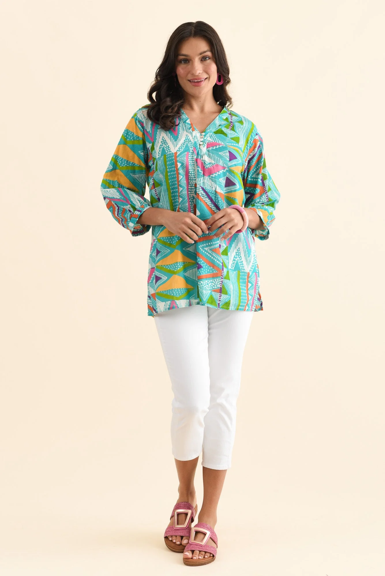 Derine Aqua Abstract Cotton Button Top - Image 6