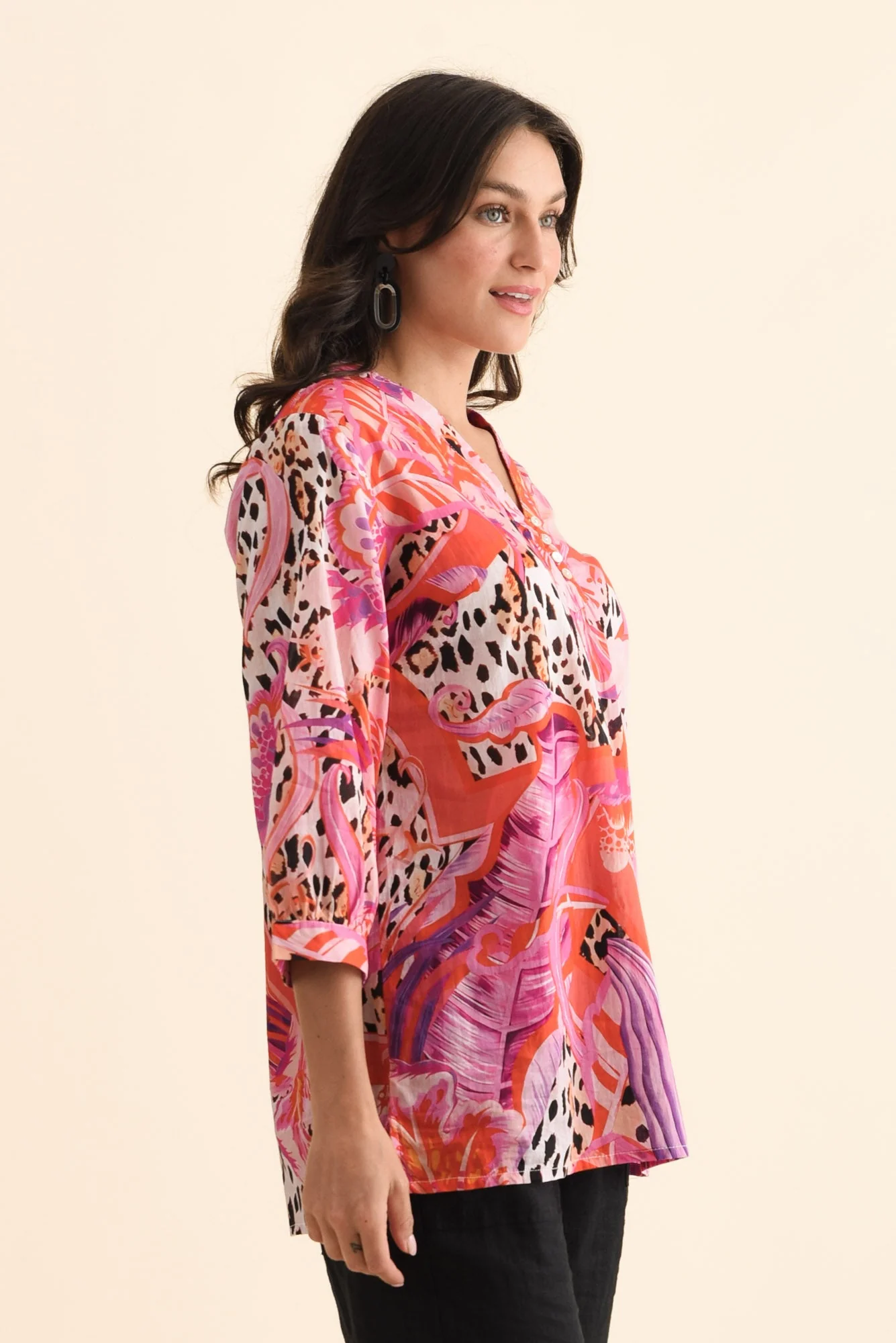 Derine Pink Leopard Cotton Button Top - Image 3