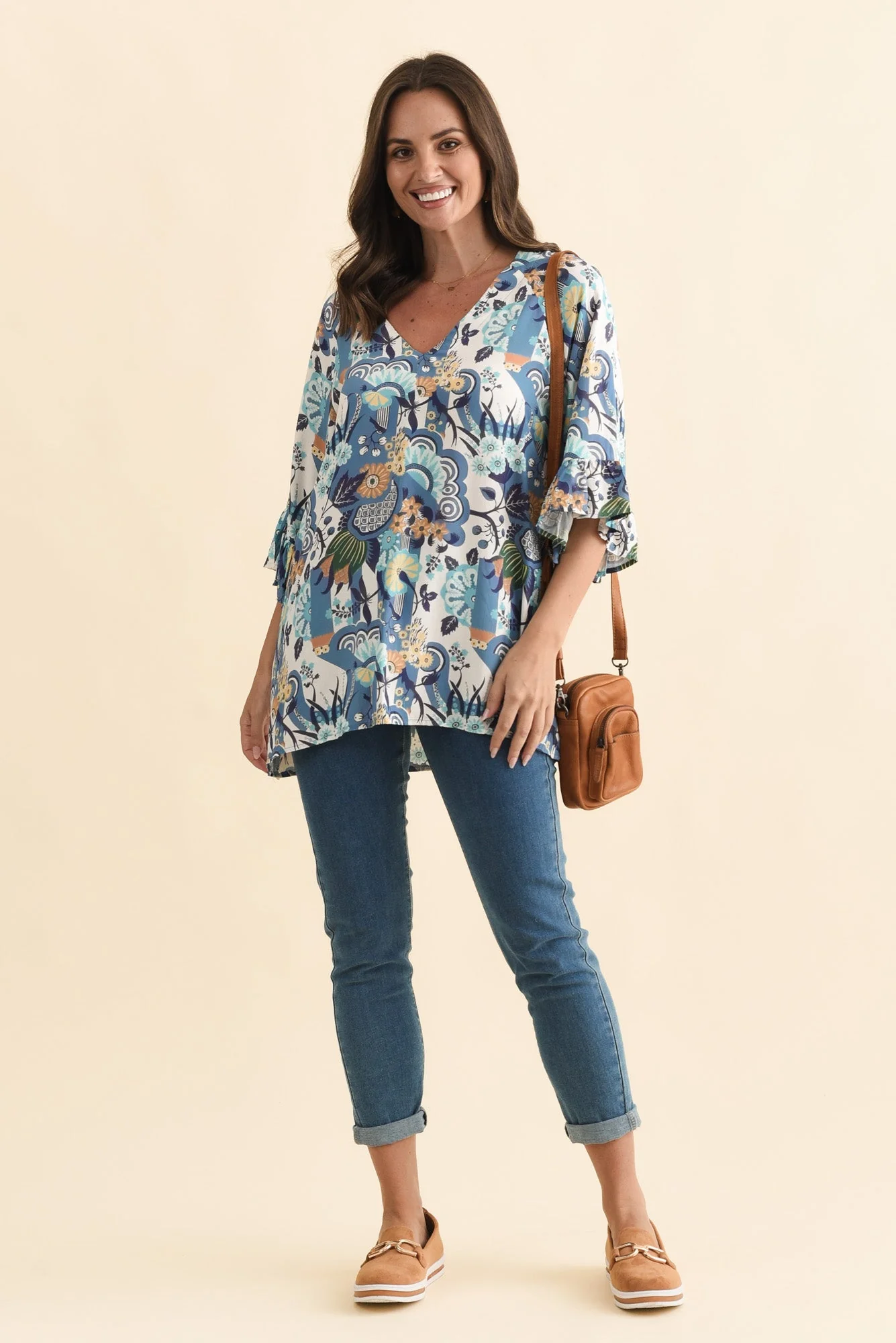 Diona Blue Floral Frill Sleeve Top - Image 2