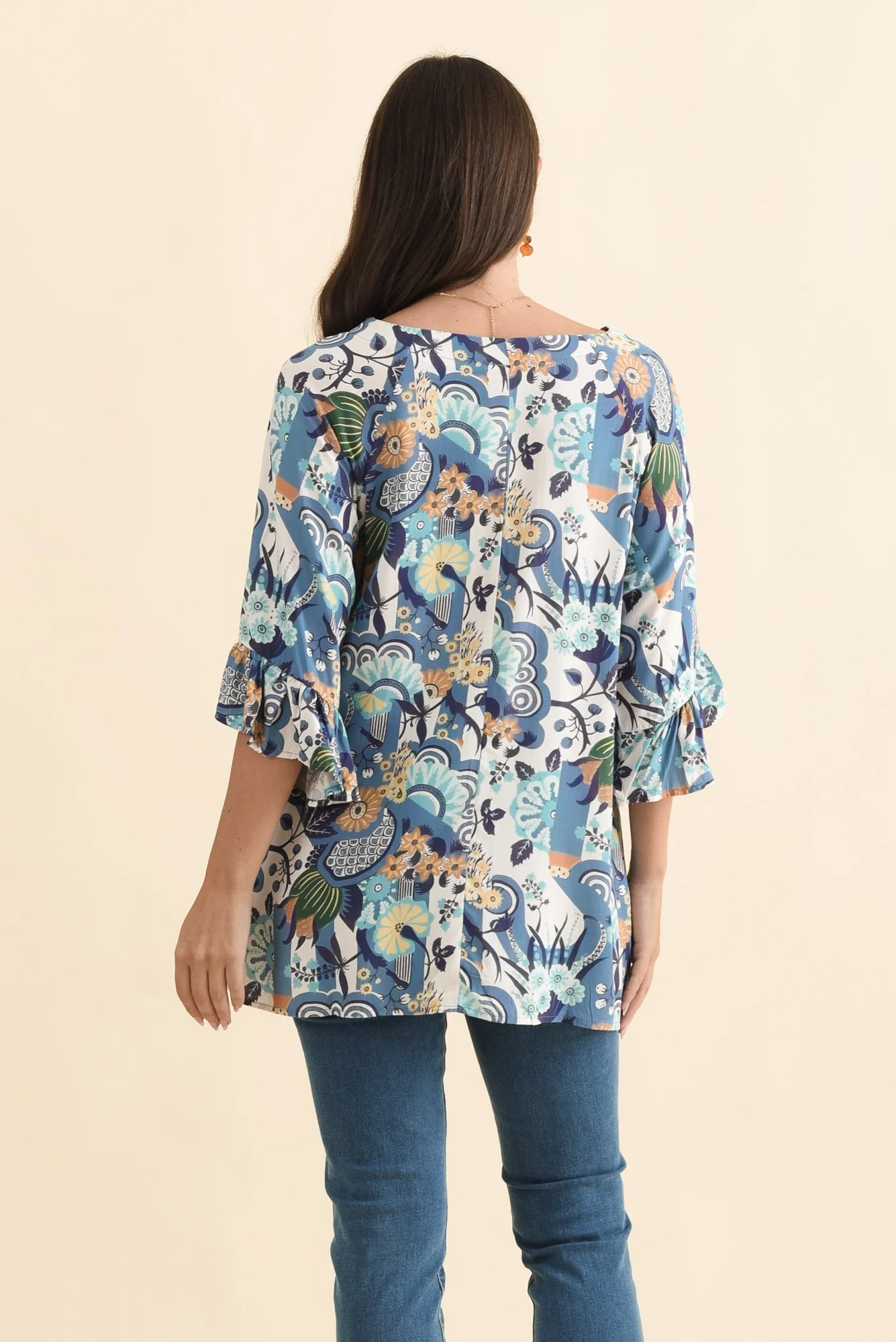Diona Blue Floral Frill Sleeve Top - Image 4