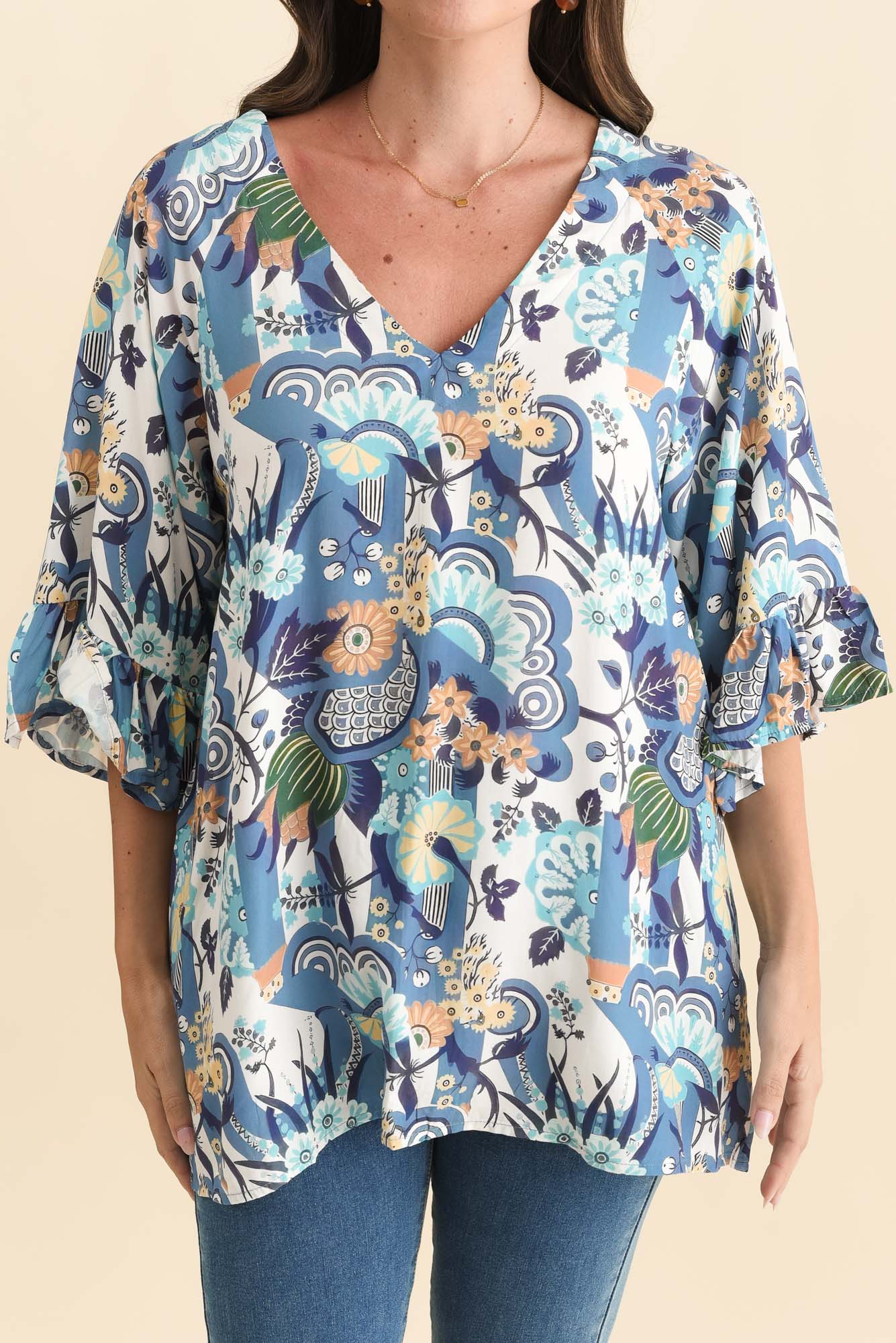 Diona Blue Floral Frill Sleeve Top - Image 5