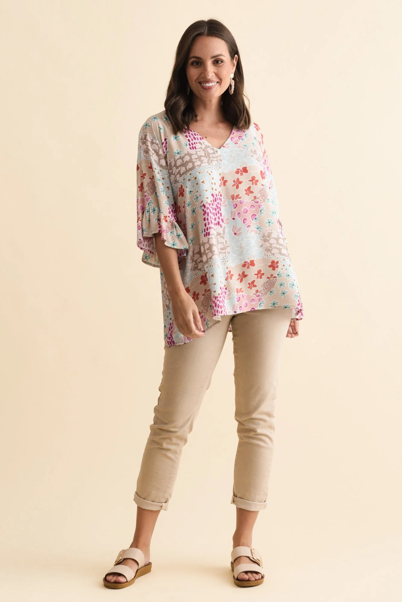 Diona Blue Mosaic Frill Sleeve Top - Image 2