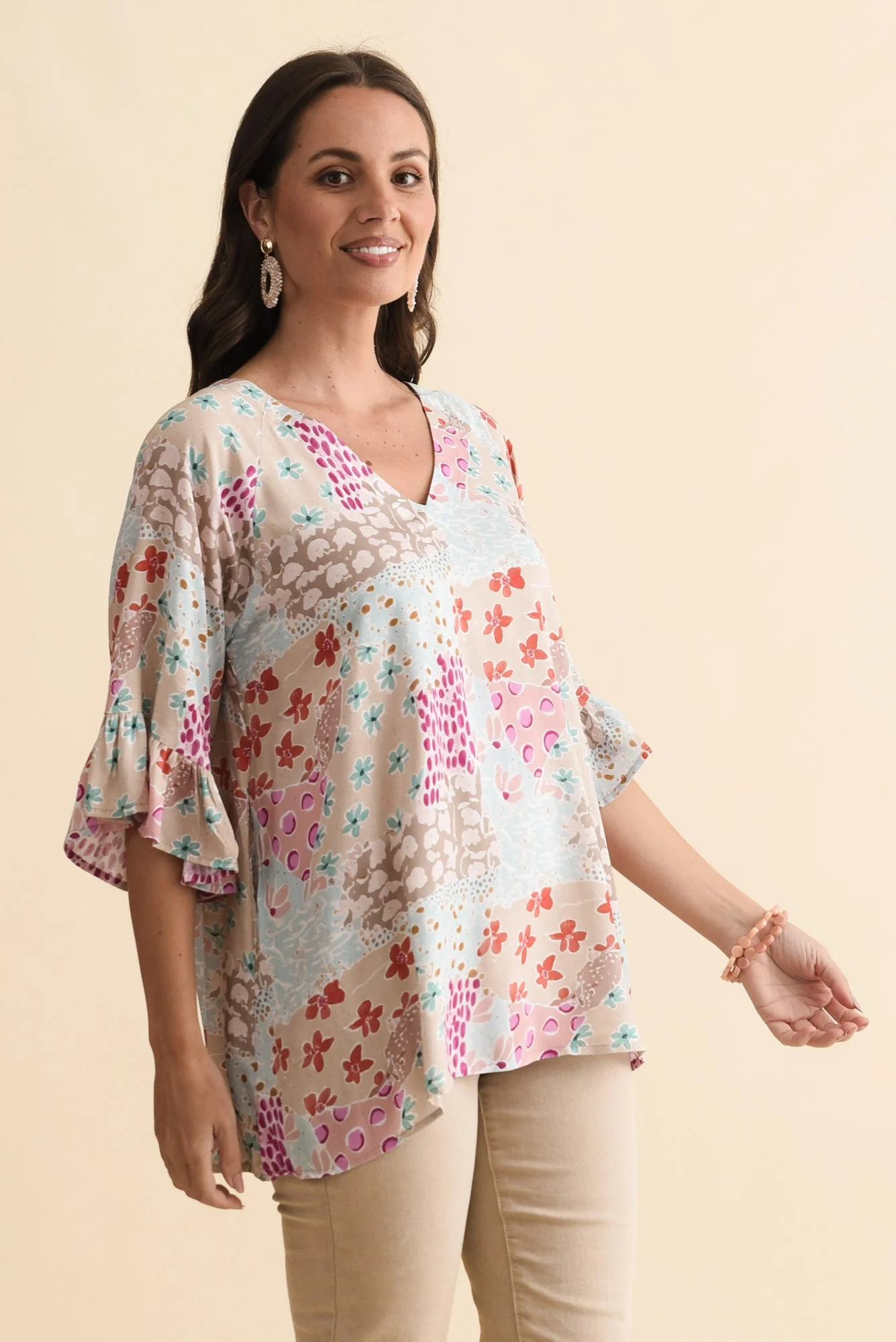 Diona Blue Mosaic Frill Sleeve Top - Image 3