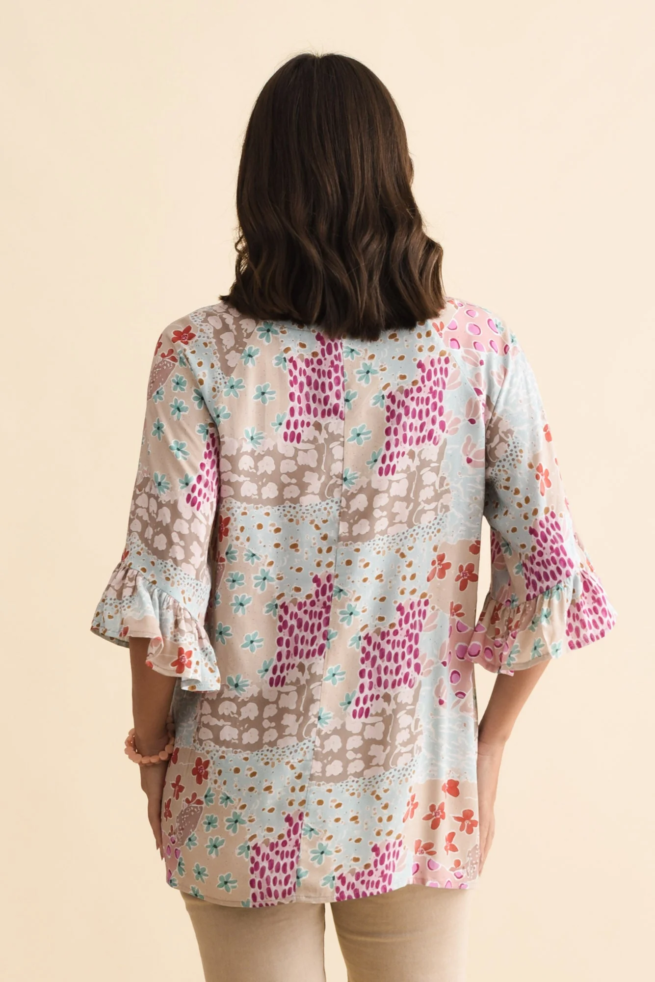 Diona Blue Mosaic Frill Sleeve Top - Image 4