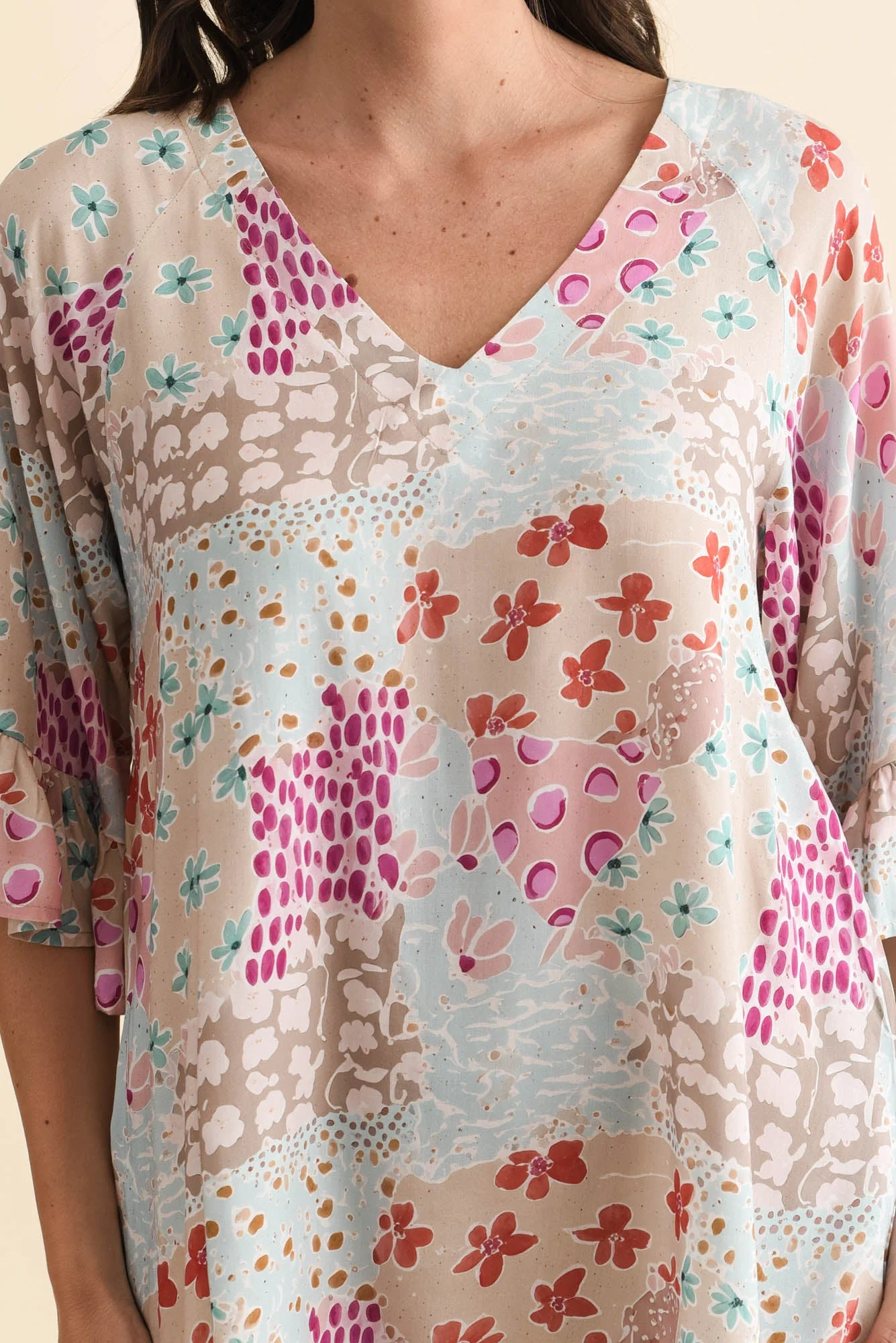 Diona Blue Mosaic Frill Sleeve Top - Image 5