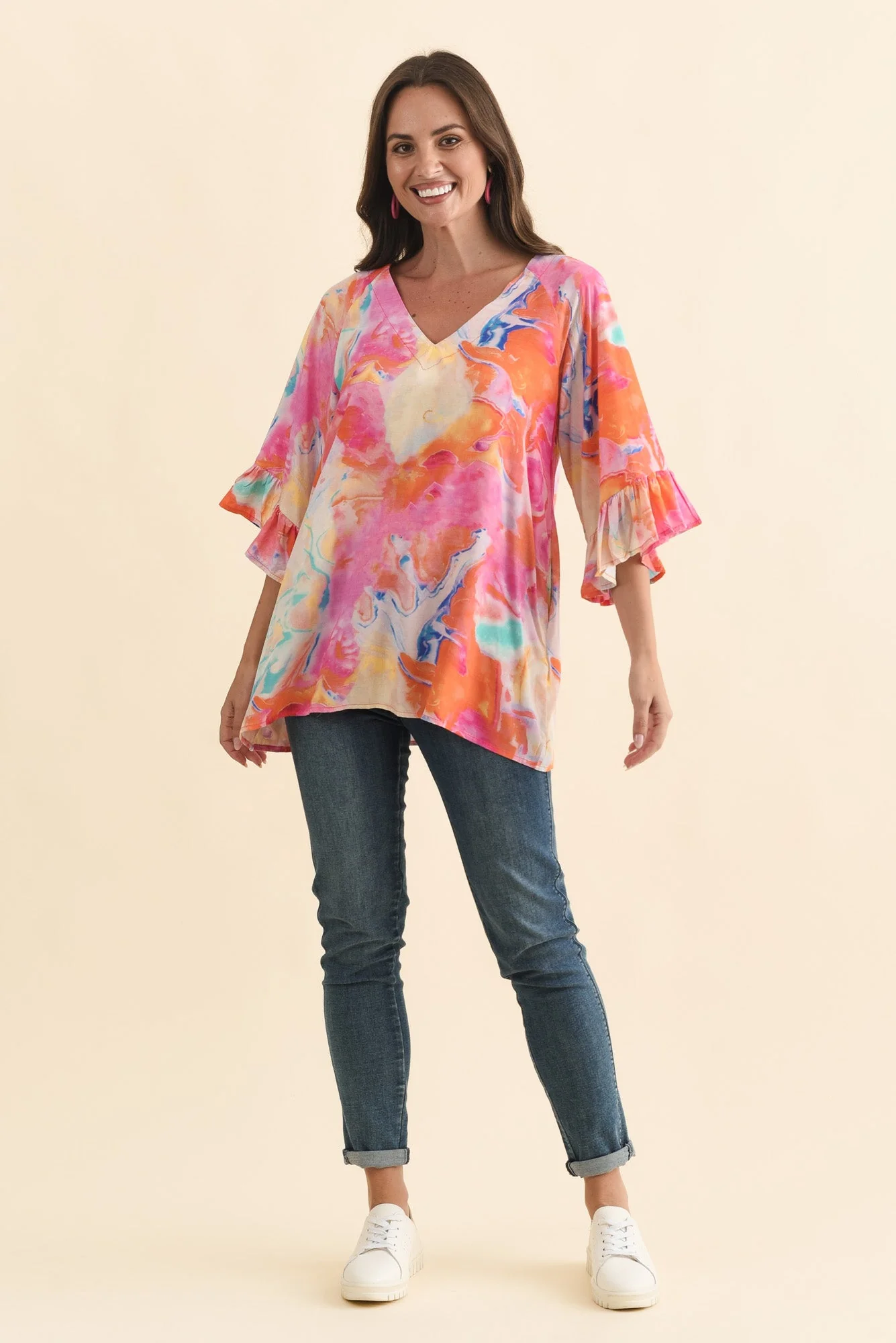 Diona Pink Watercolour Frill Sleeve Top - Image 6