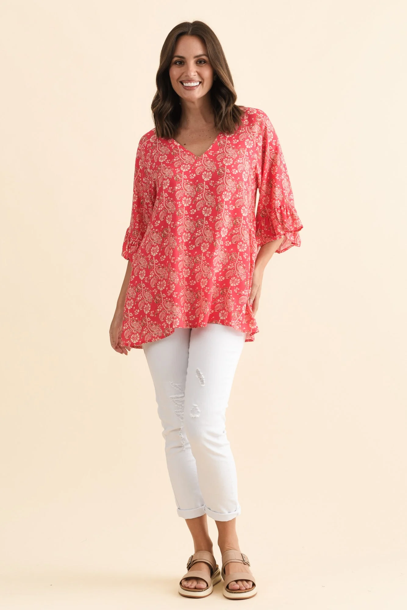 Diona Red Flower Frill Sleeve Top - Image 2