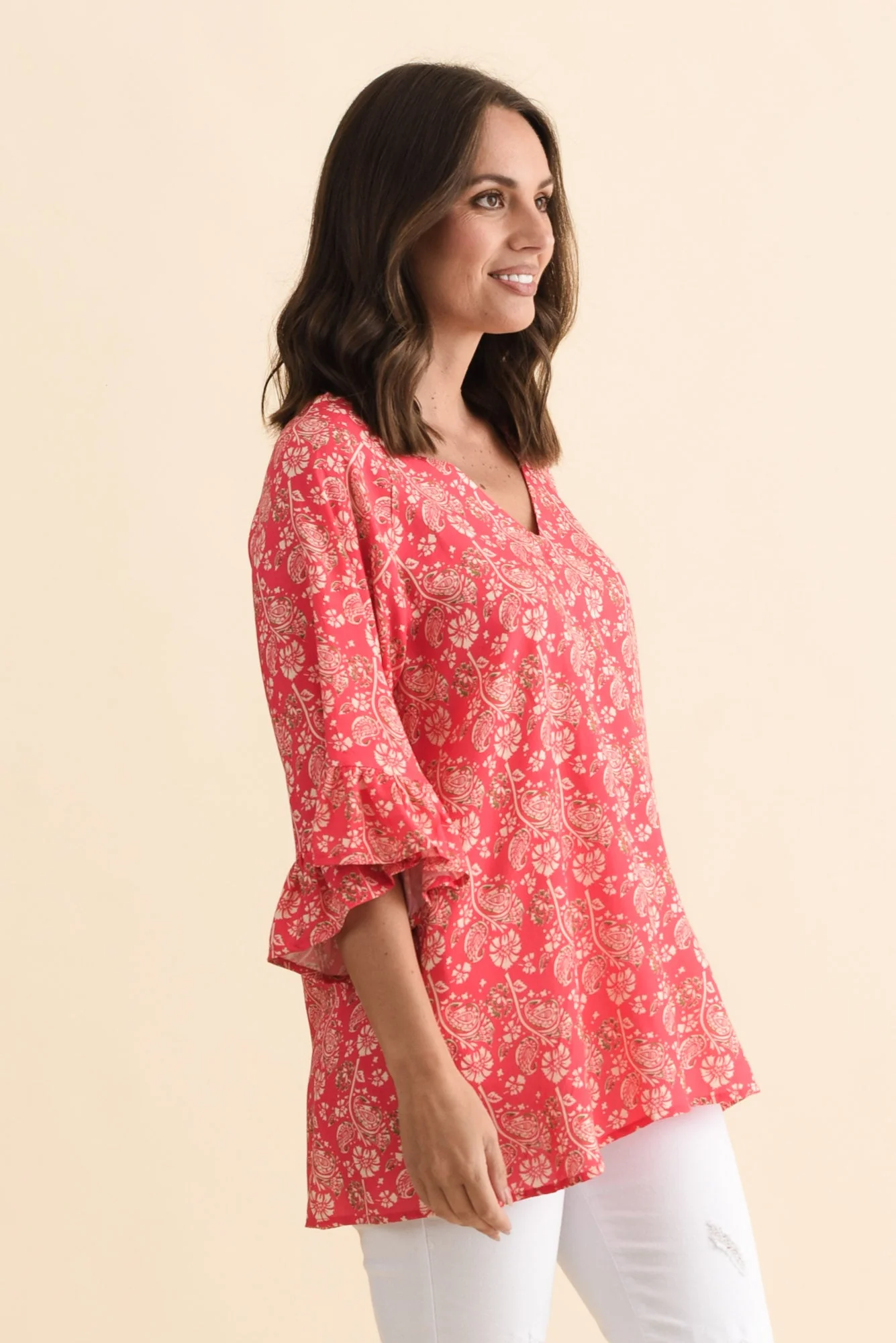 Diona Red Flower Frill Sleeve Top - Image 3