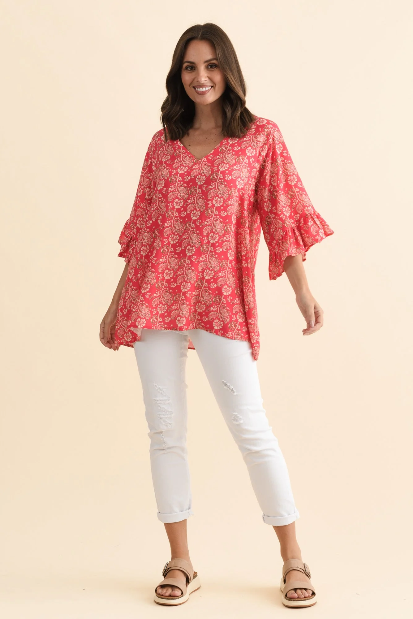 Diona Red Flower Frill Sleeve Top - Image 6