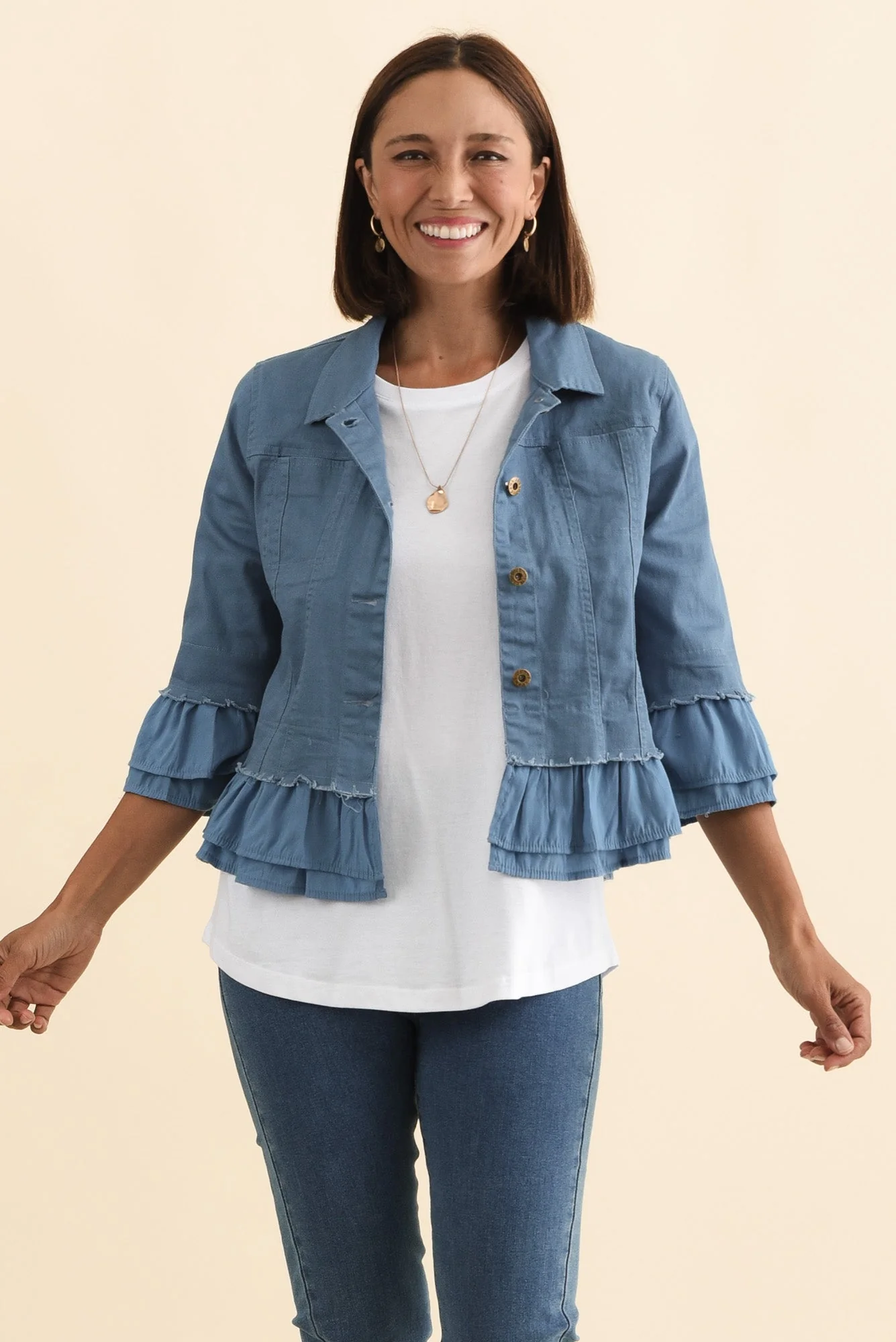 Dolores Blue Cotton Frill Jacket - Image 2