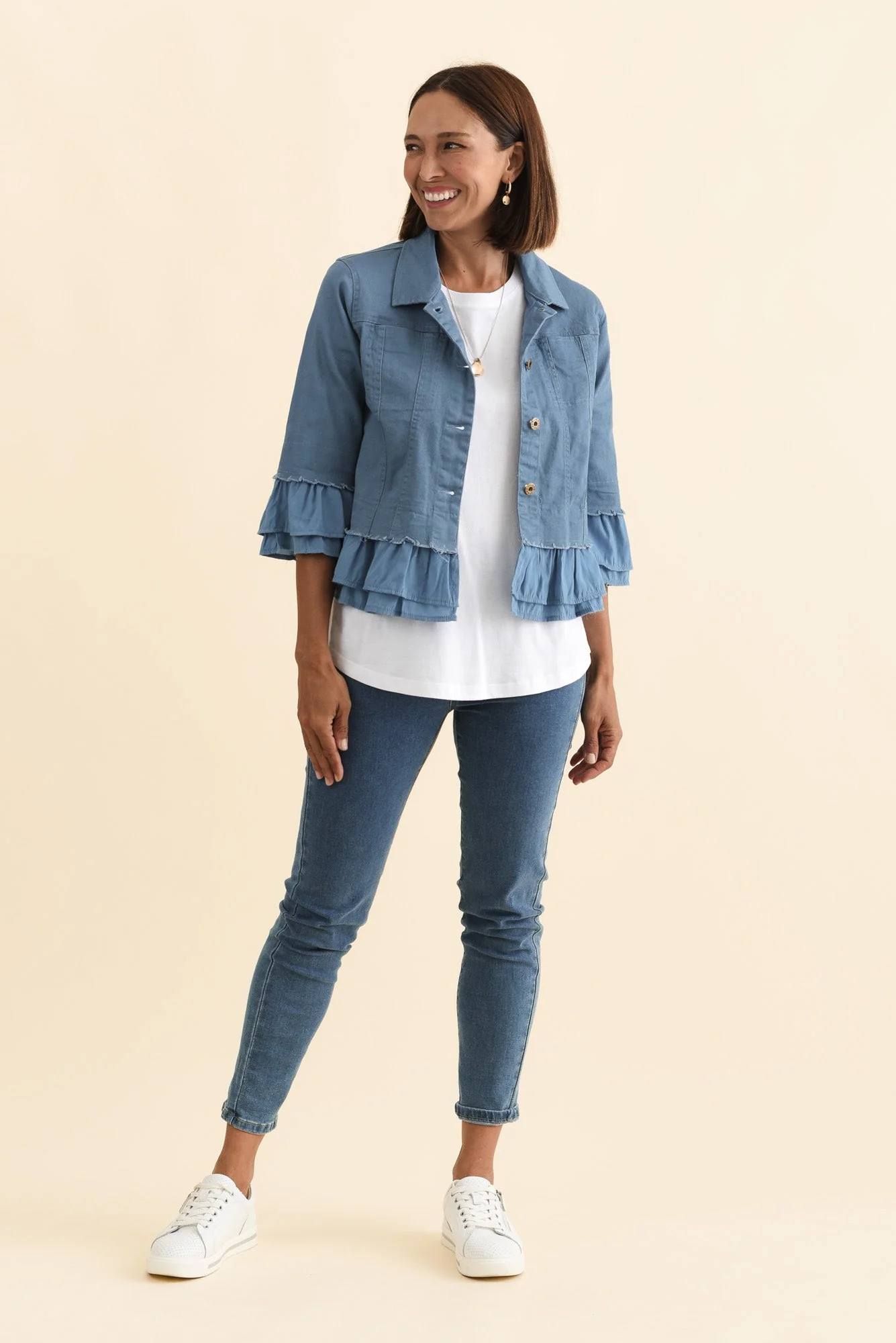 Dolores Blue Cotton Frill Jacket - Image 7