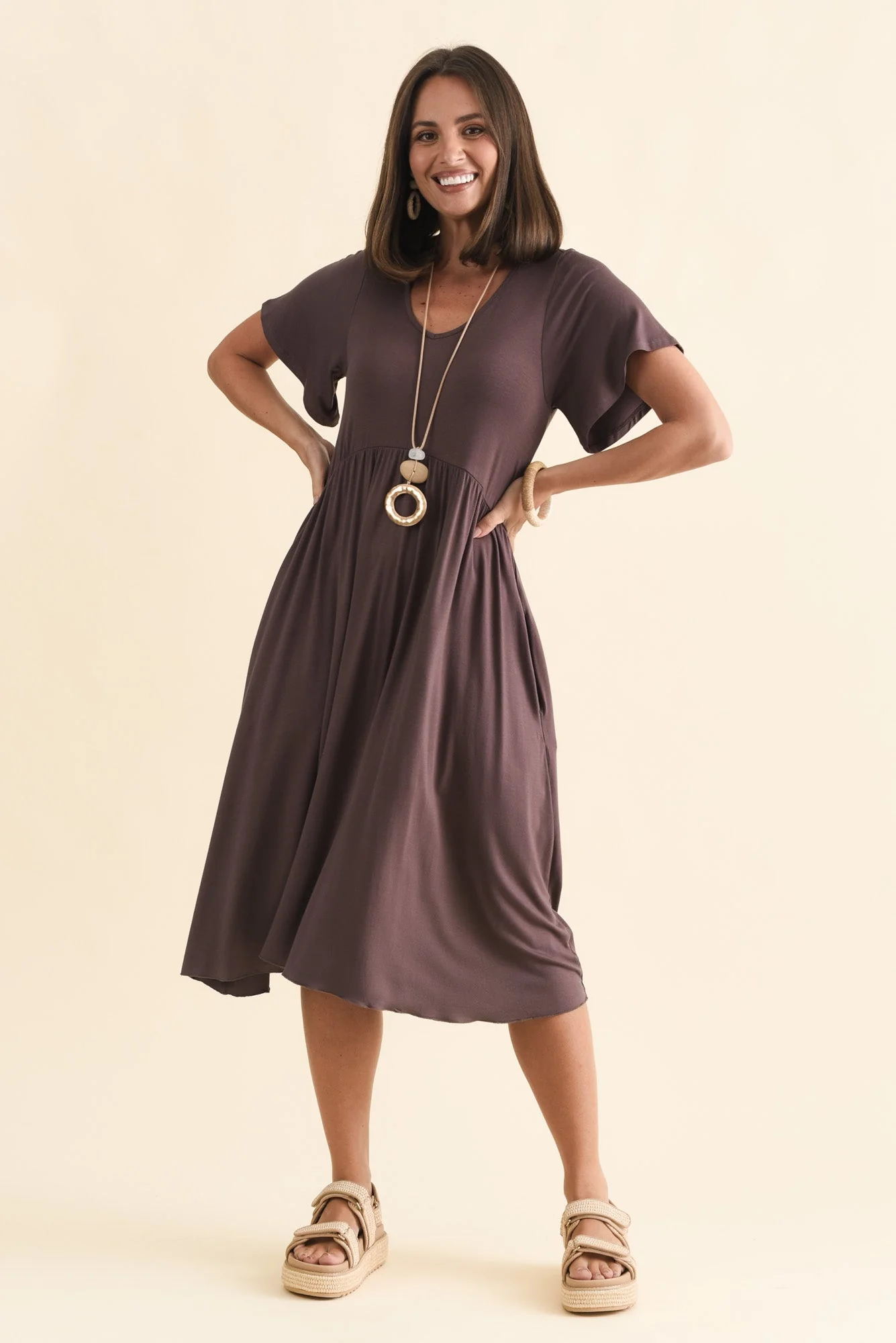 Donna Brown Gathered Dress - Image 2
