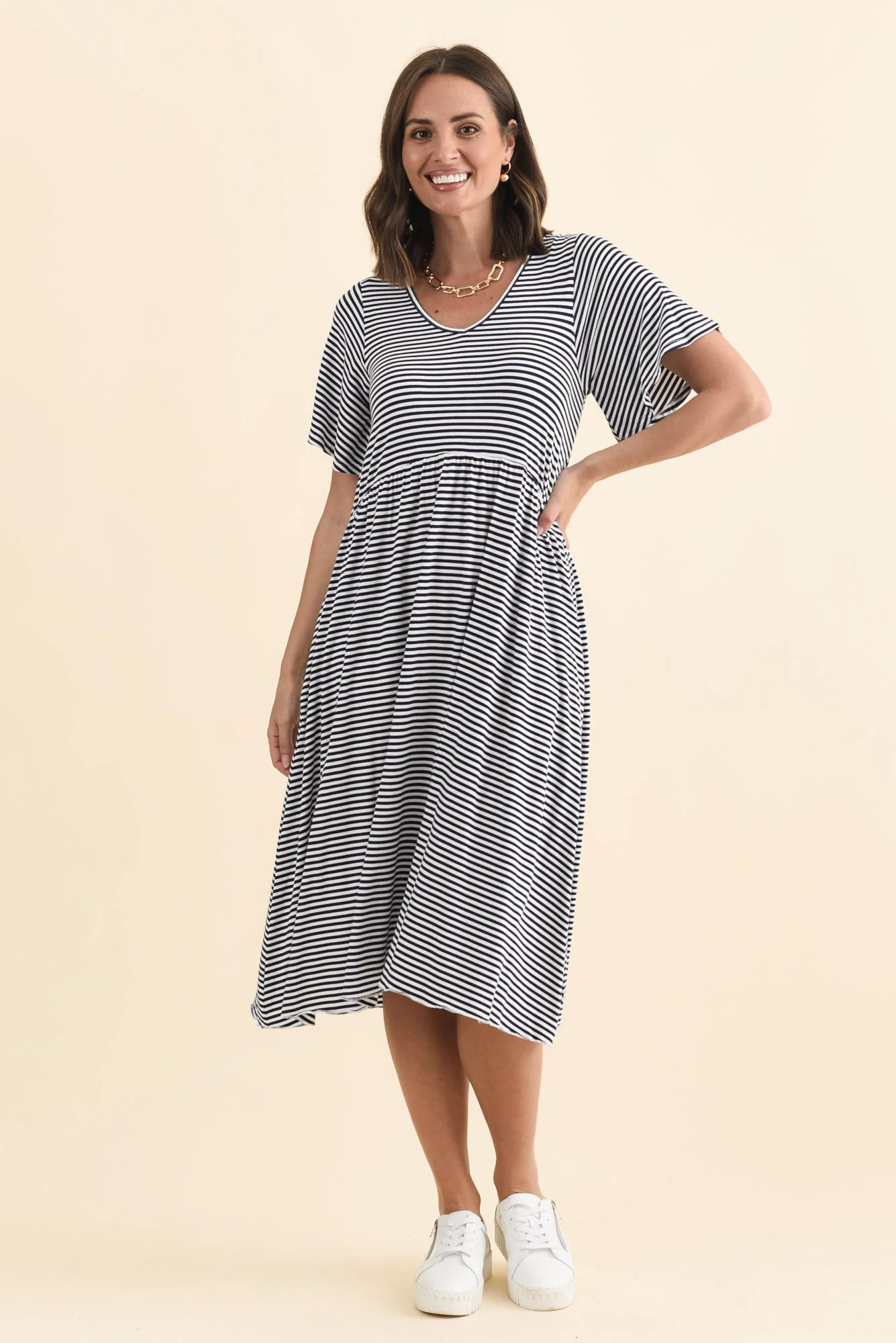 Donna Navy Stripe Gathered Dress - Image 3