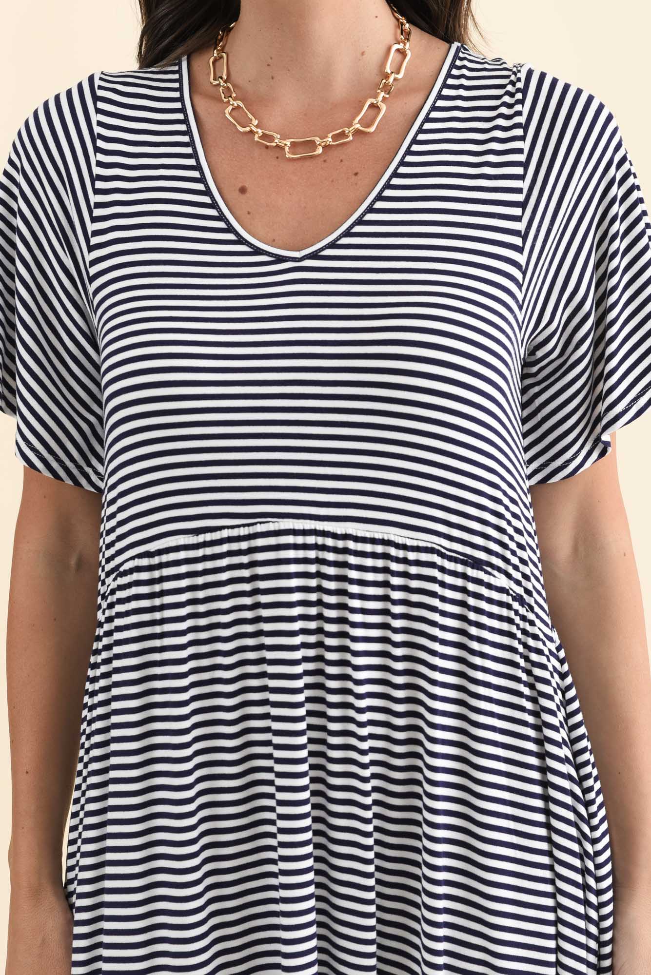 Donna Navy Stripe Gathered Dress - Image 7