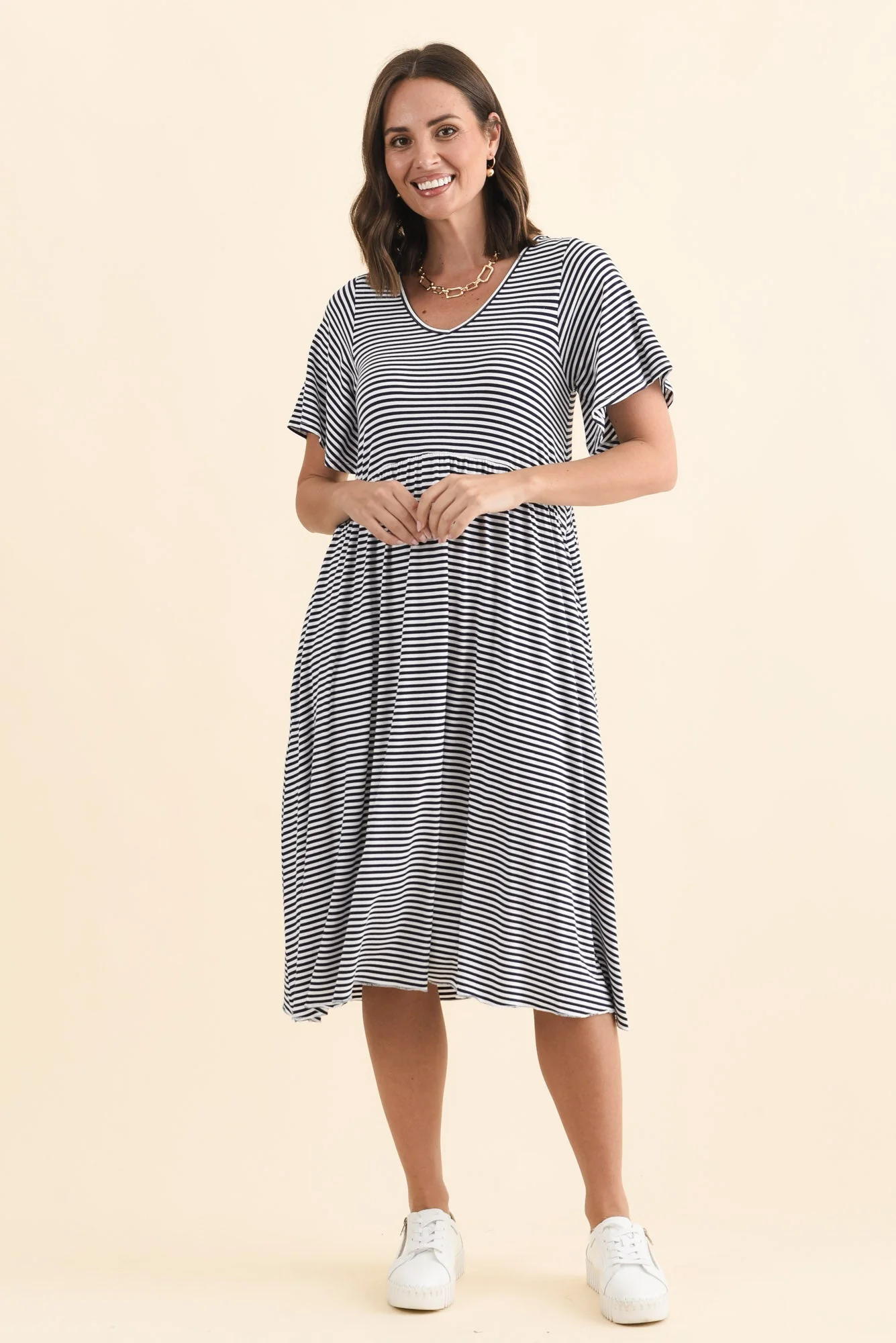 Donna Navy Stripe Gathered Dress - Image 8