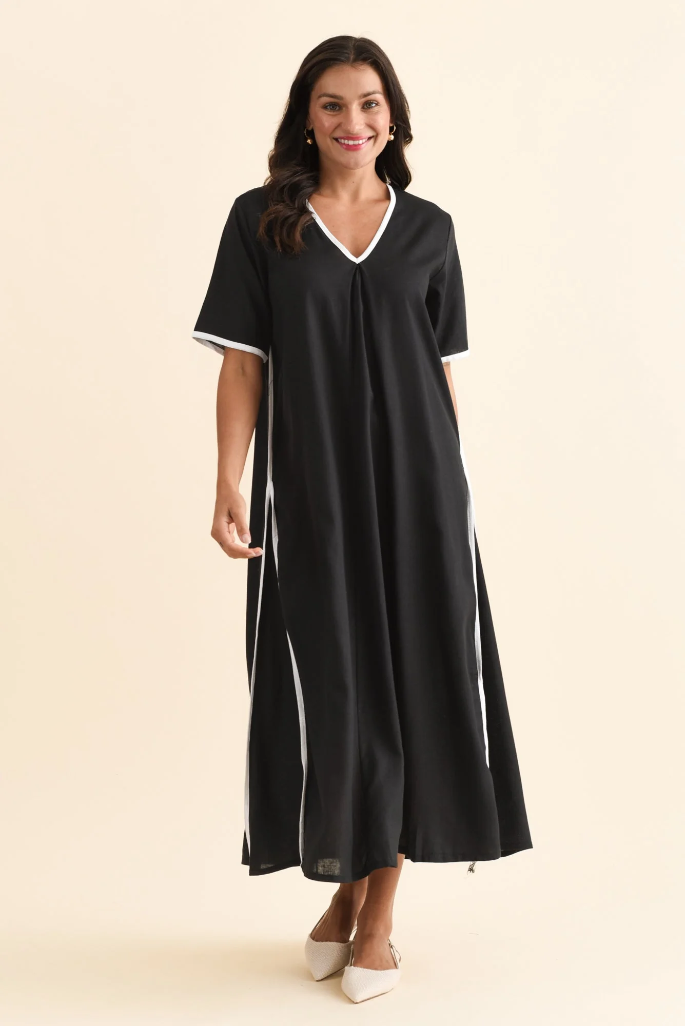 Dorcas Black Contrast V Neck Dress - Image 2