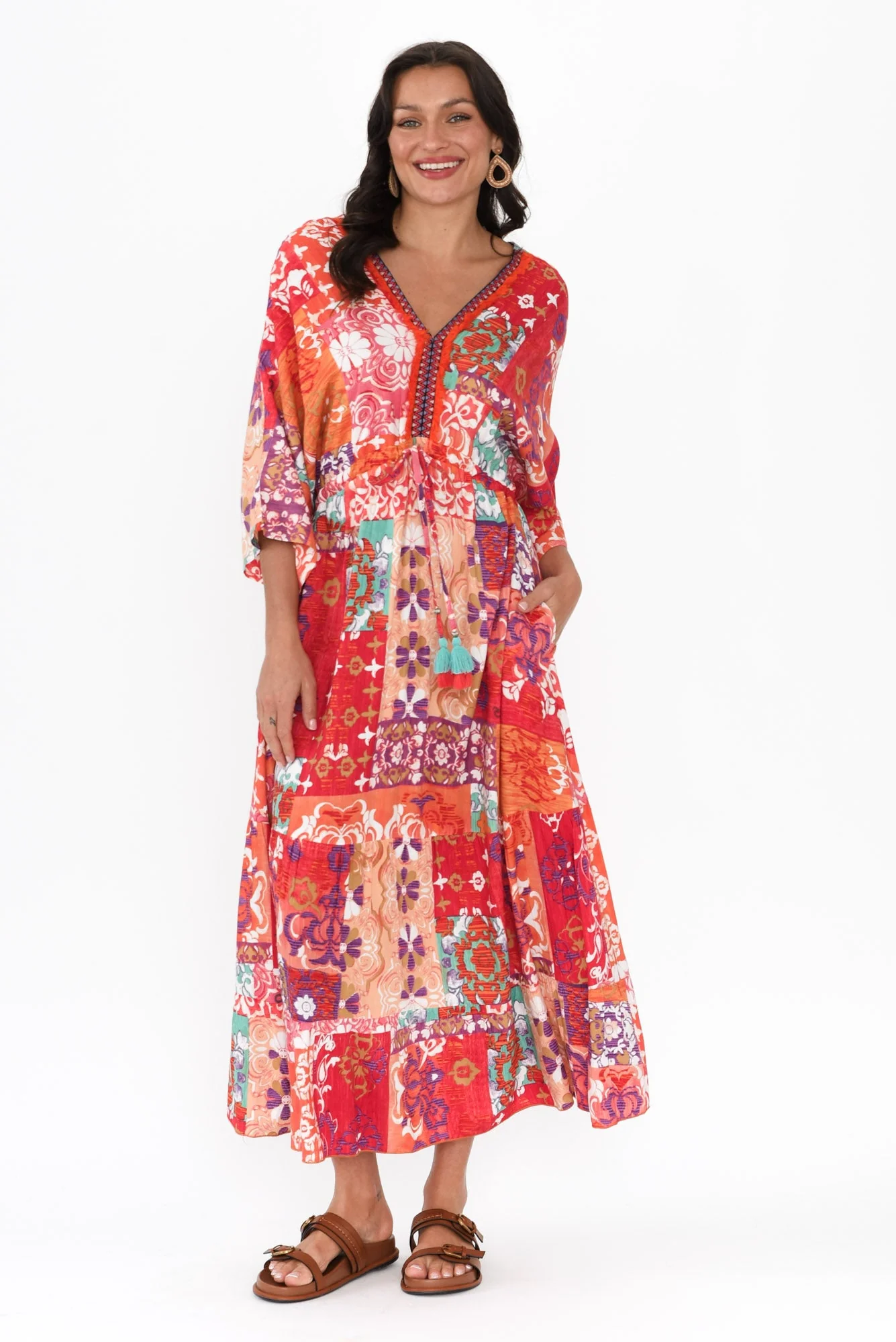 Dorothy Red Mosaic V Neck Dress - Image 2