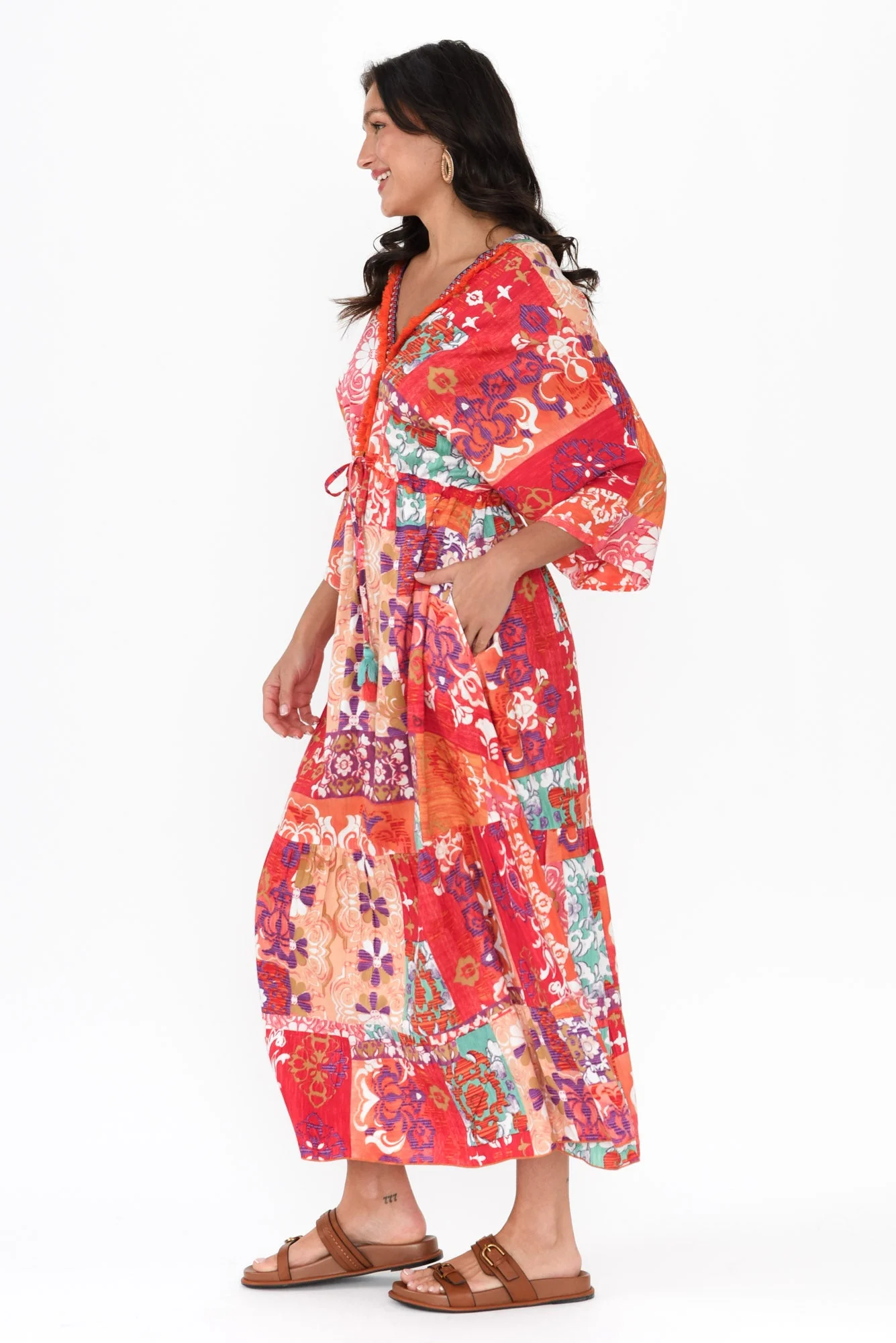 Dorothy Red Mosaic V Neck Dress - Image 3