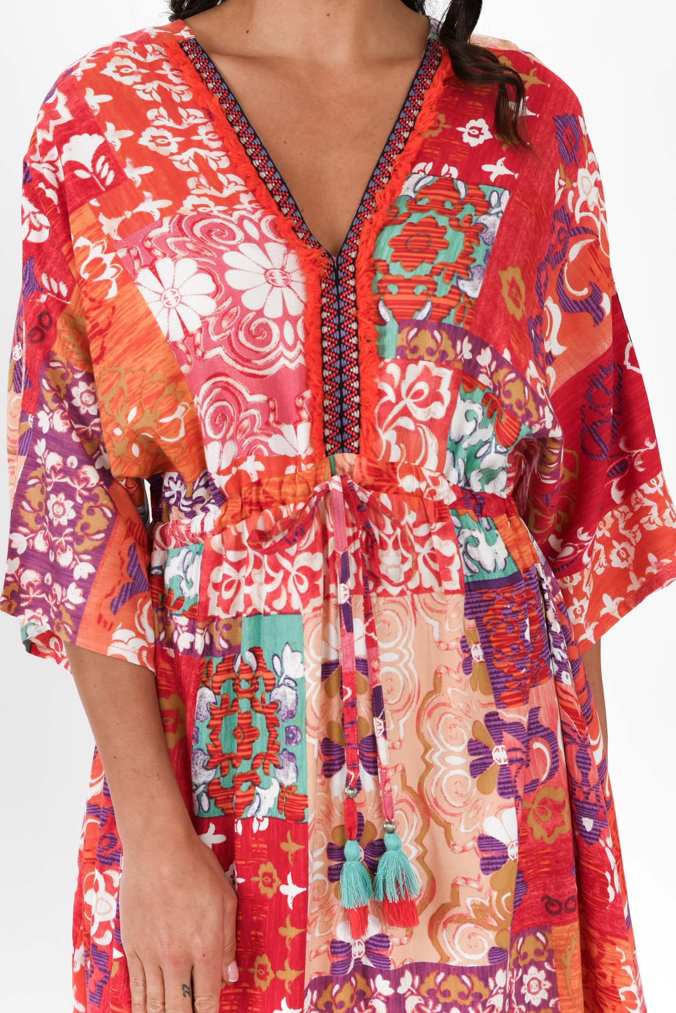 Dorothy Red Mosaic V Neck Dress - Image 5