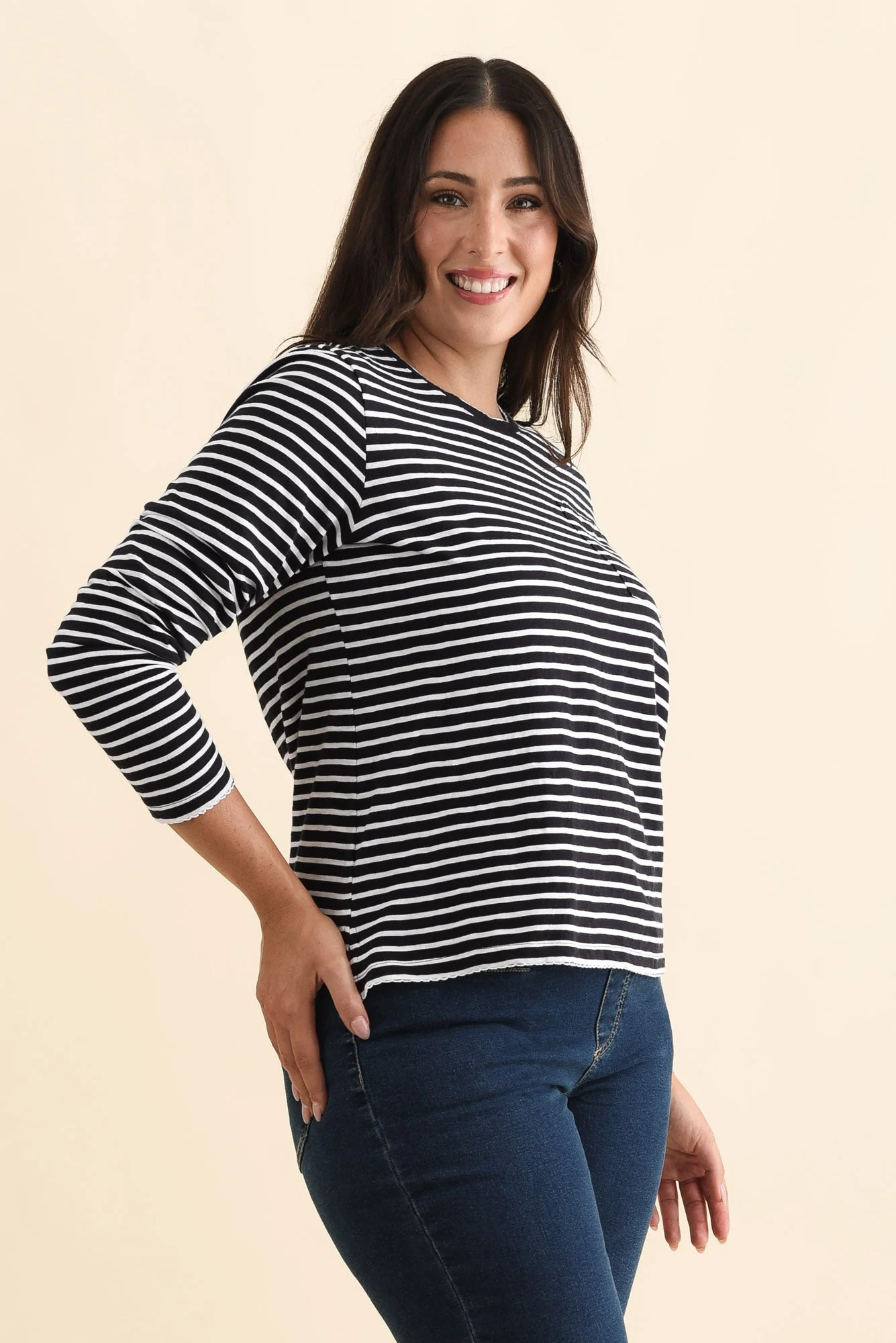 Drea Navy Stripe Cotton Long Sleeve Tee - Image 9