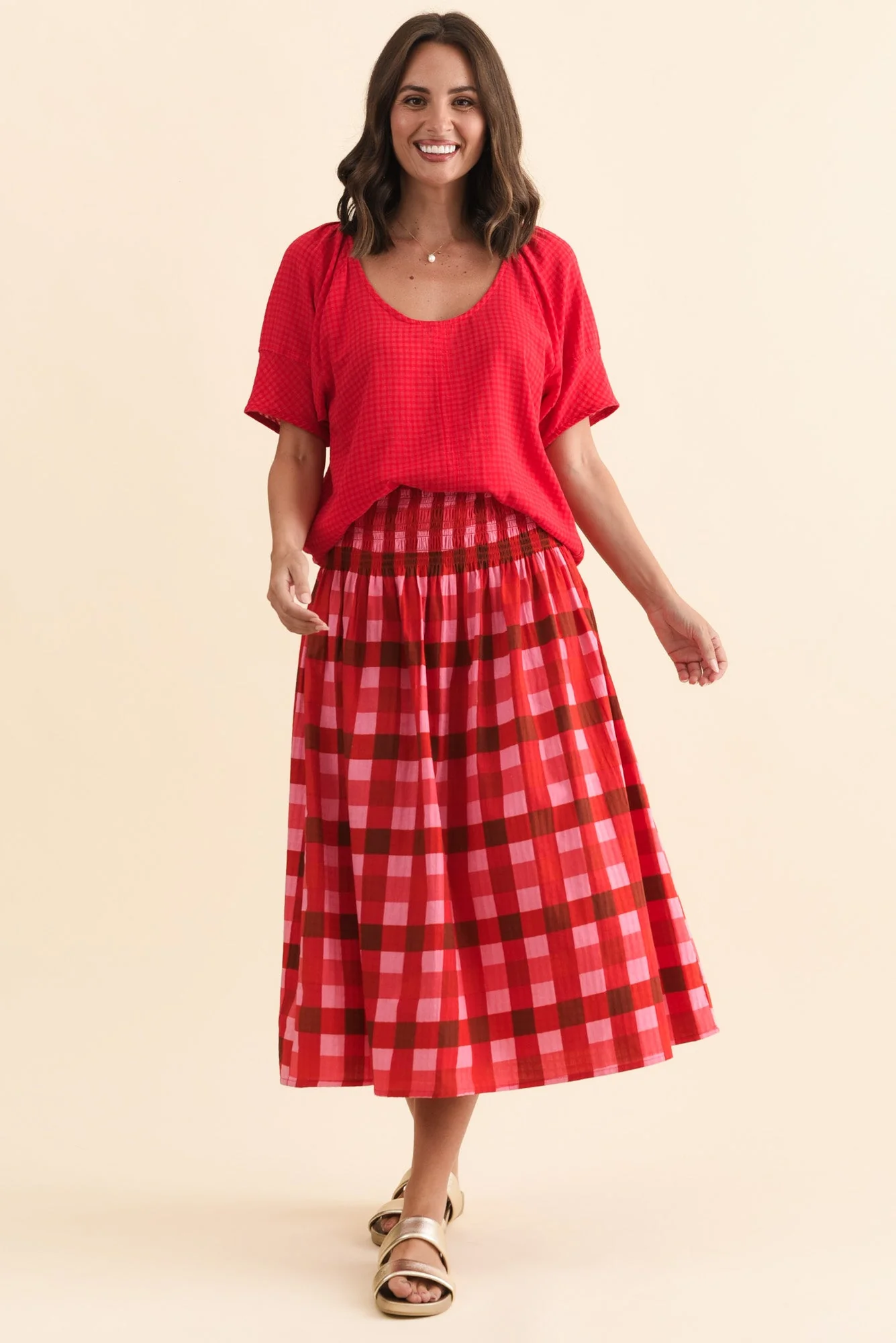 Edin Red Check Cotton Maxi Skirt - Image 2
