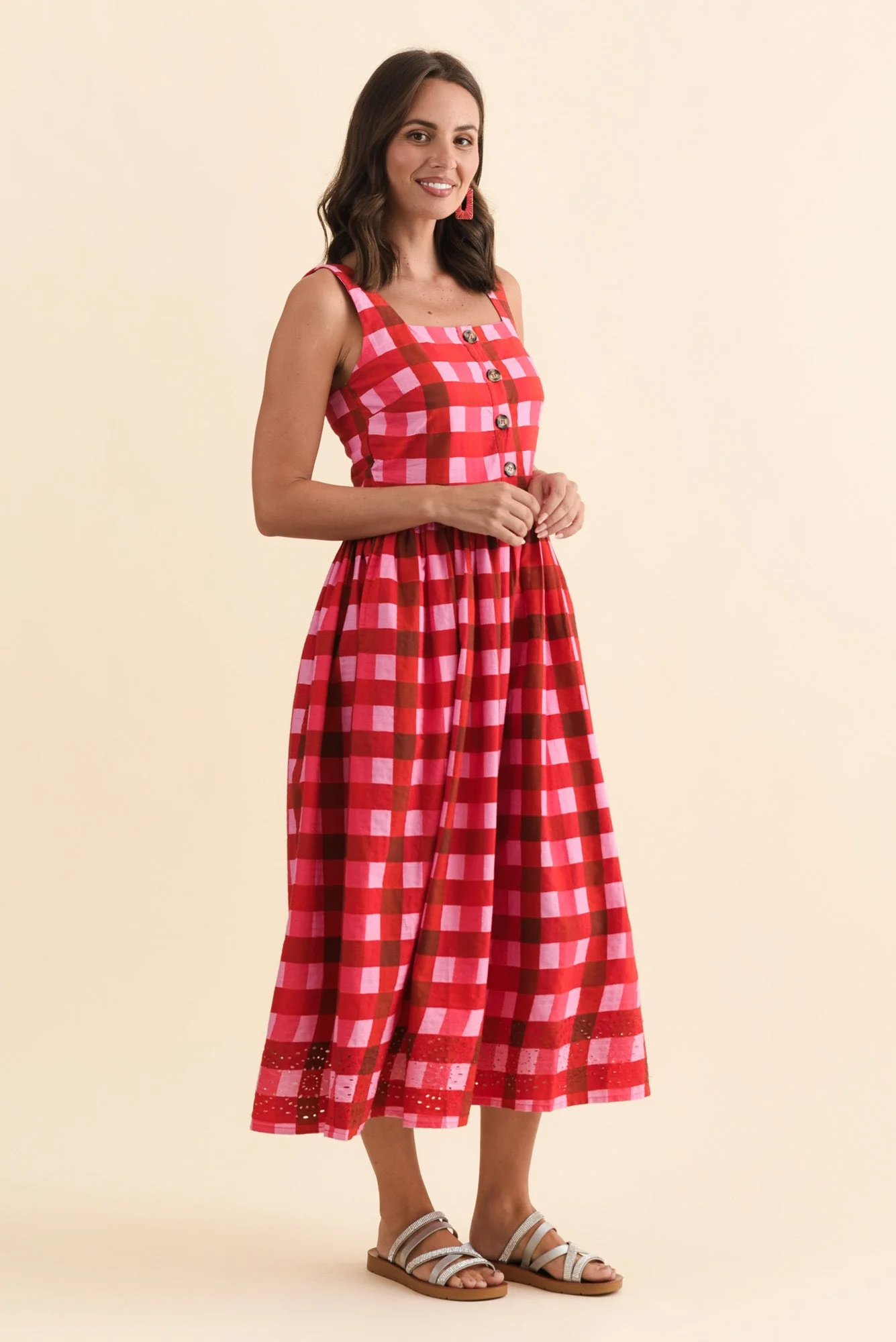 Edin Red Check Cotton Midi Dress - Image 3