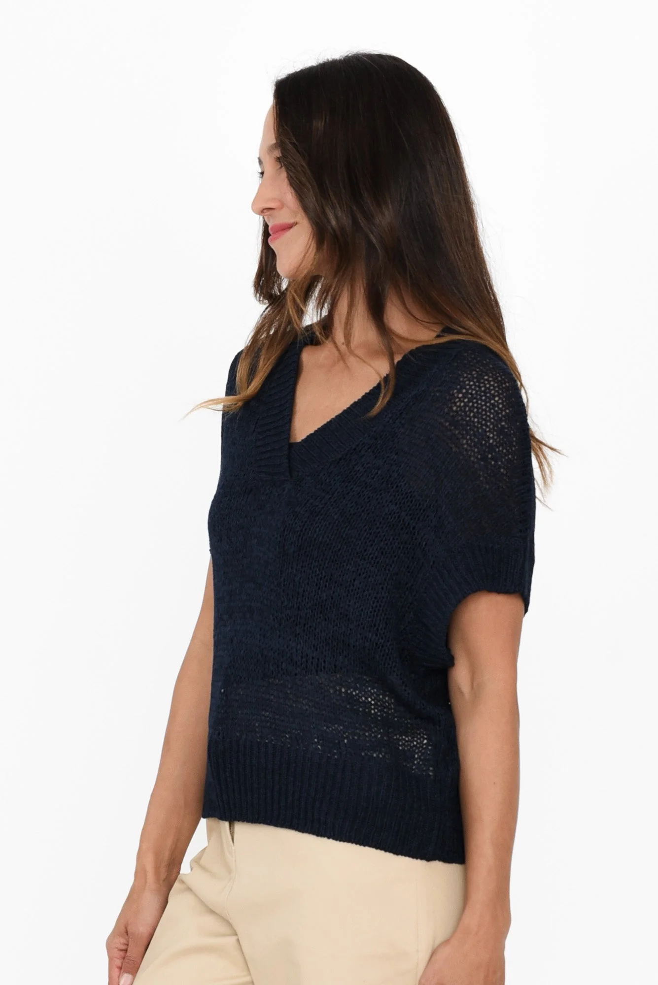 Elba Navy Knit V Neck Top - Image 3