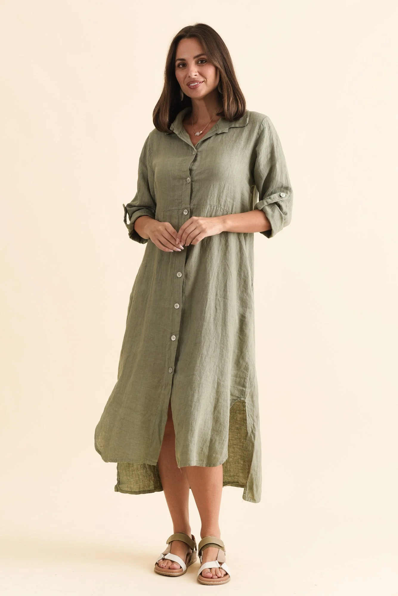 Elin Khaki Linen Shirt Dress - Image 2