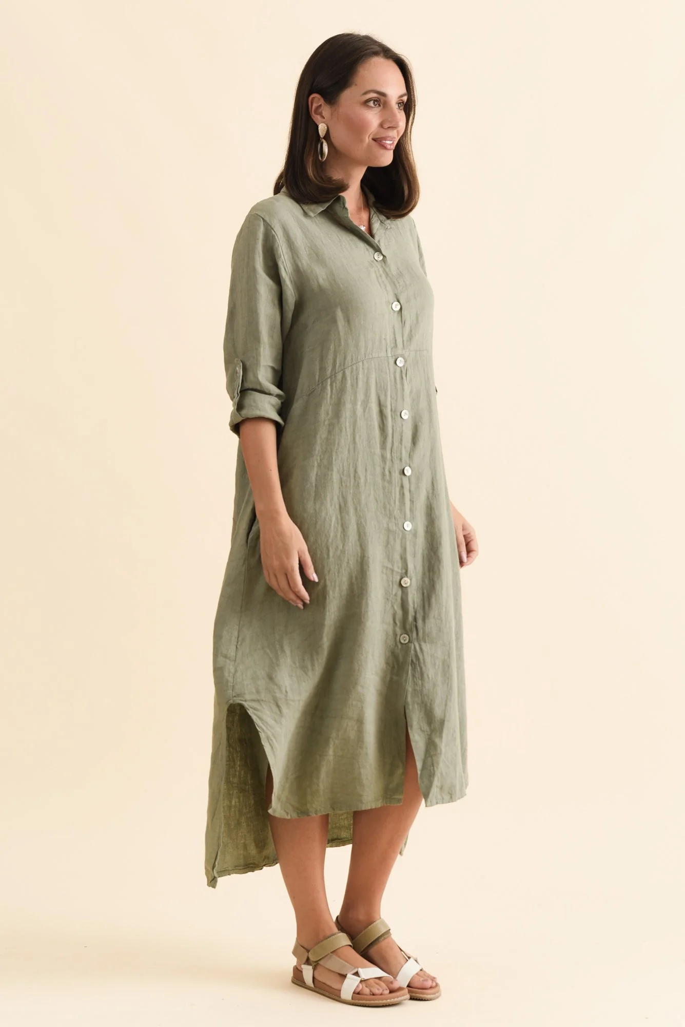 Elin Khaki Linen Shirt Dress - Image 3