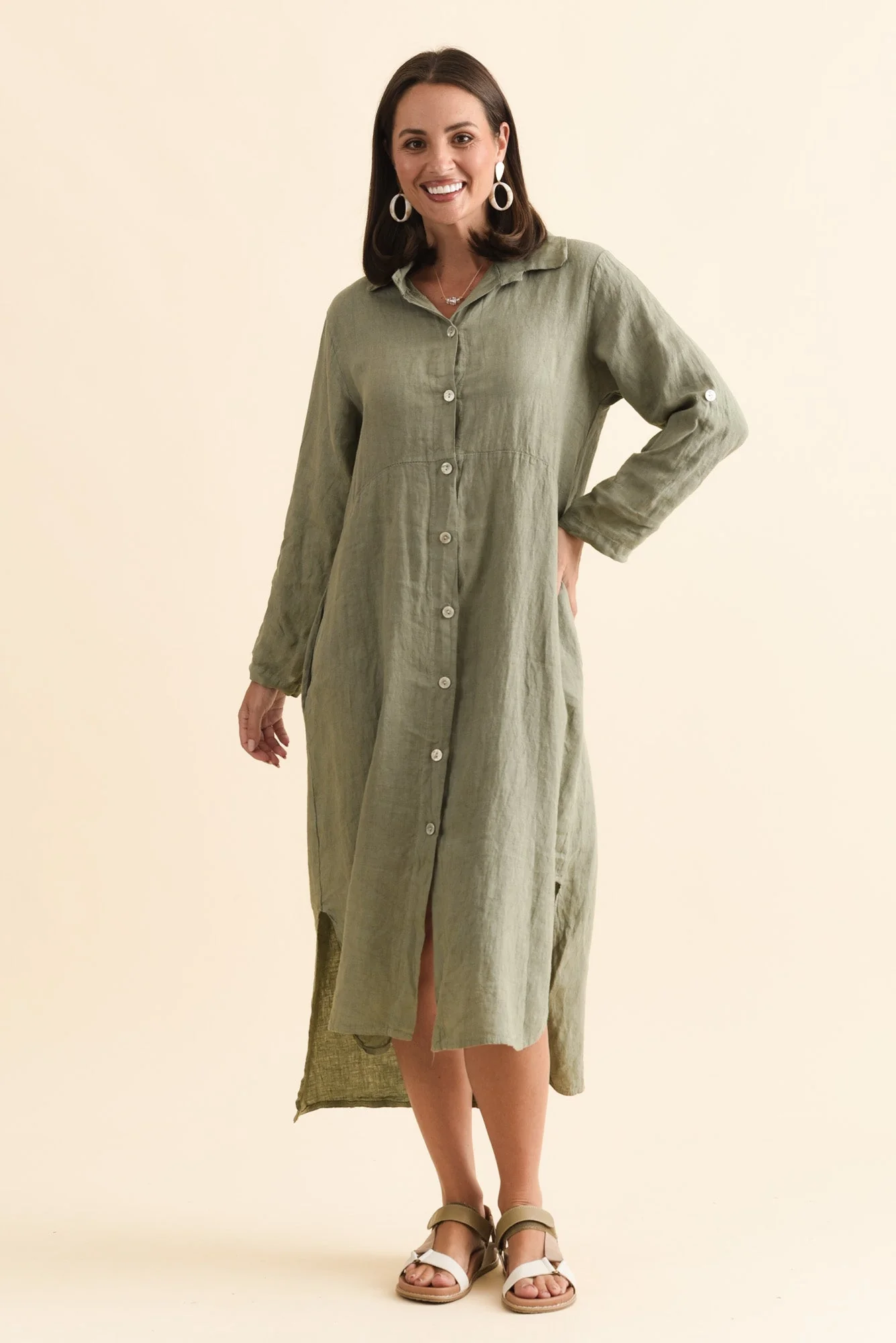 Elin Khaki Linen Shirt Dress - Image 6