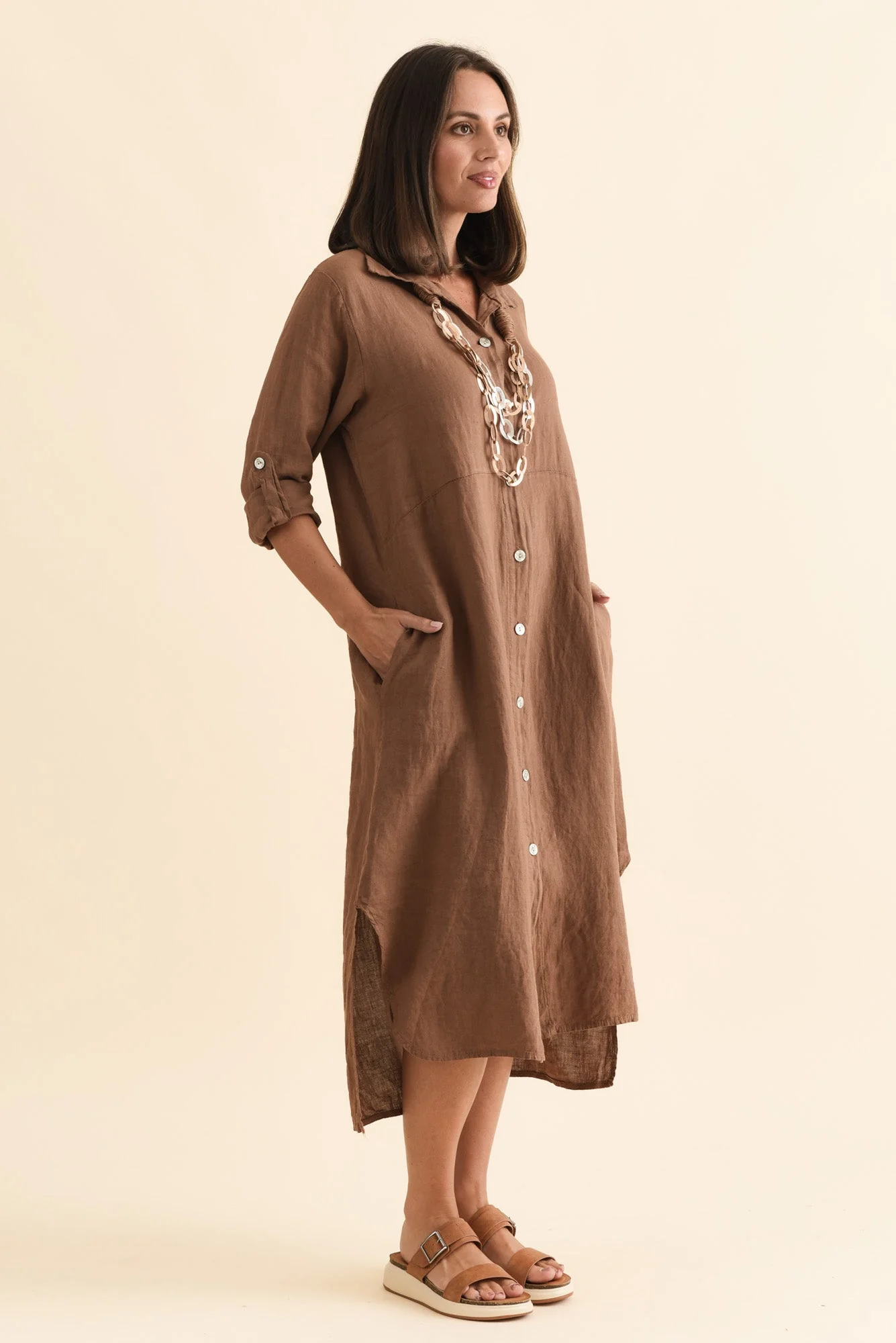 Elin Mocha Linen Shirt Dress - Image 3